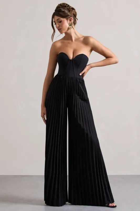 Lorelai | Black Corset Plisse Wide-Leg Jumpsuit sold by Club L London
