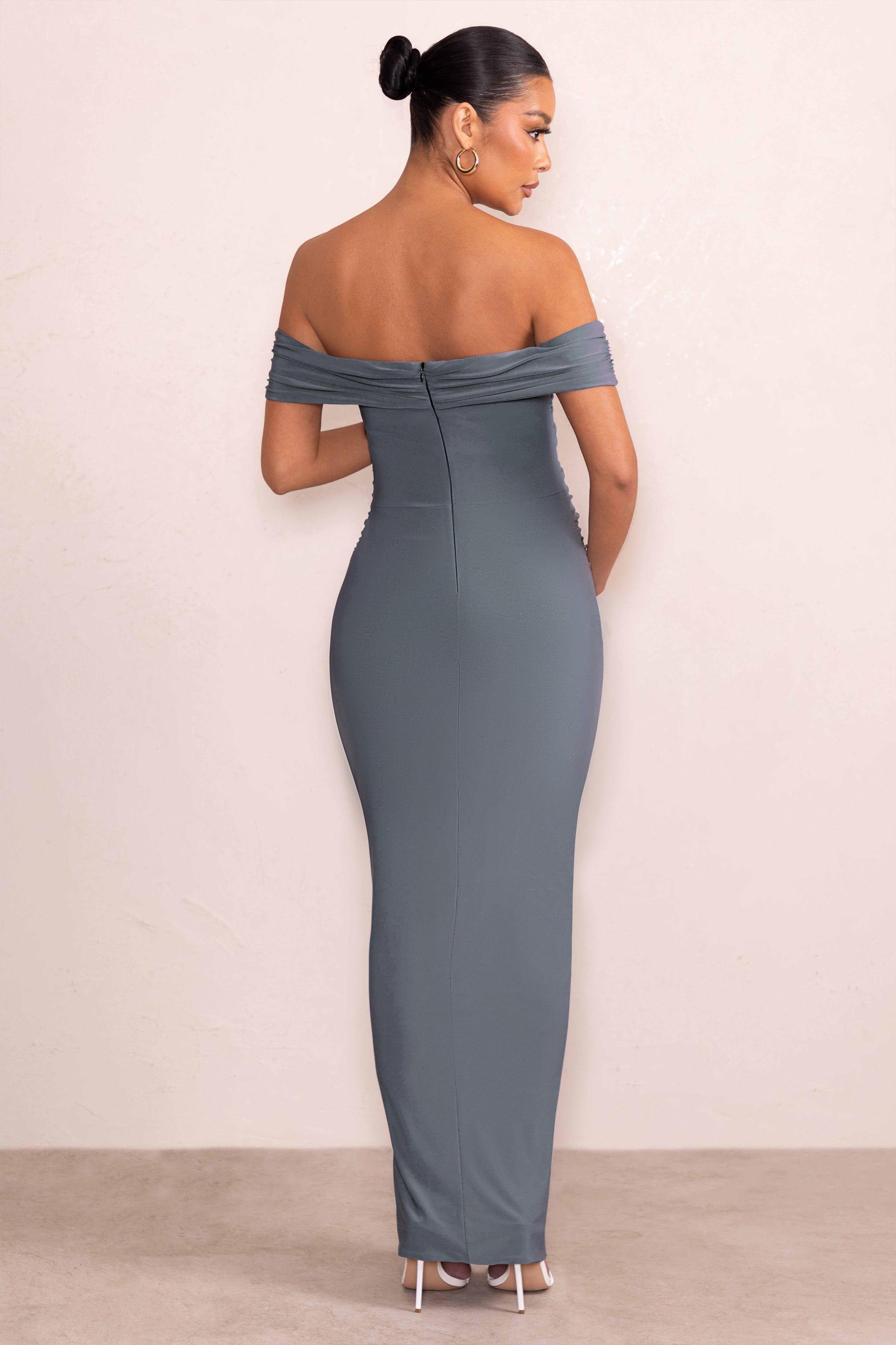 Kia | Dove Grey Twist Bardot Maternity Maxi Dress with Split sold by Club L London product image thumbnail 2