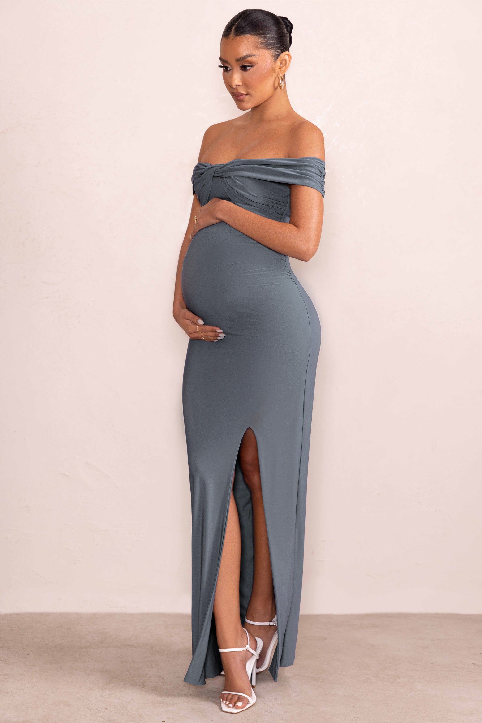 Kia | Dove Grey Twist Bardot Maternity Maxi Dress with Split sold by Club L London product image thumbnail 5