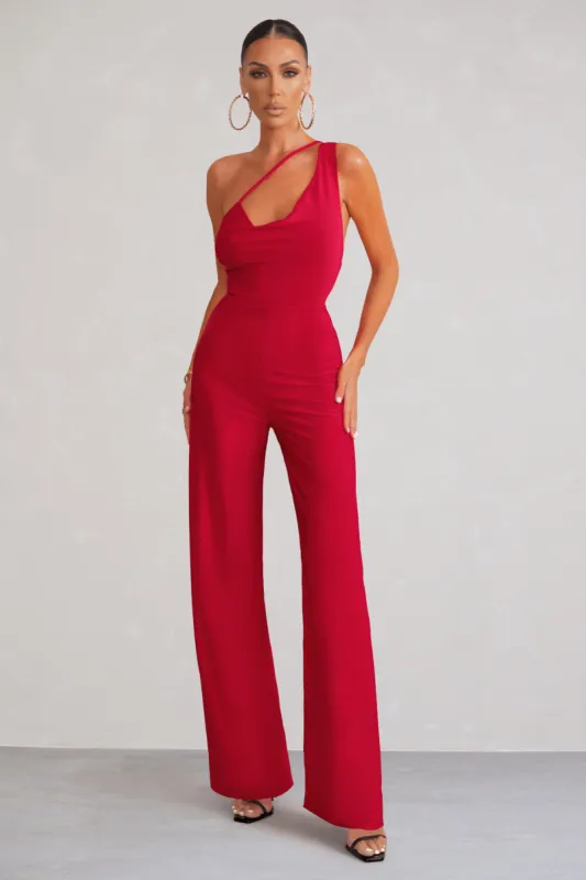 Vienna | Red Asymmetric Cowl Neck Wide Leg Jumpsuit With Open Back Detail made by Club L London