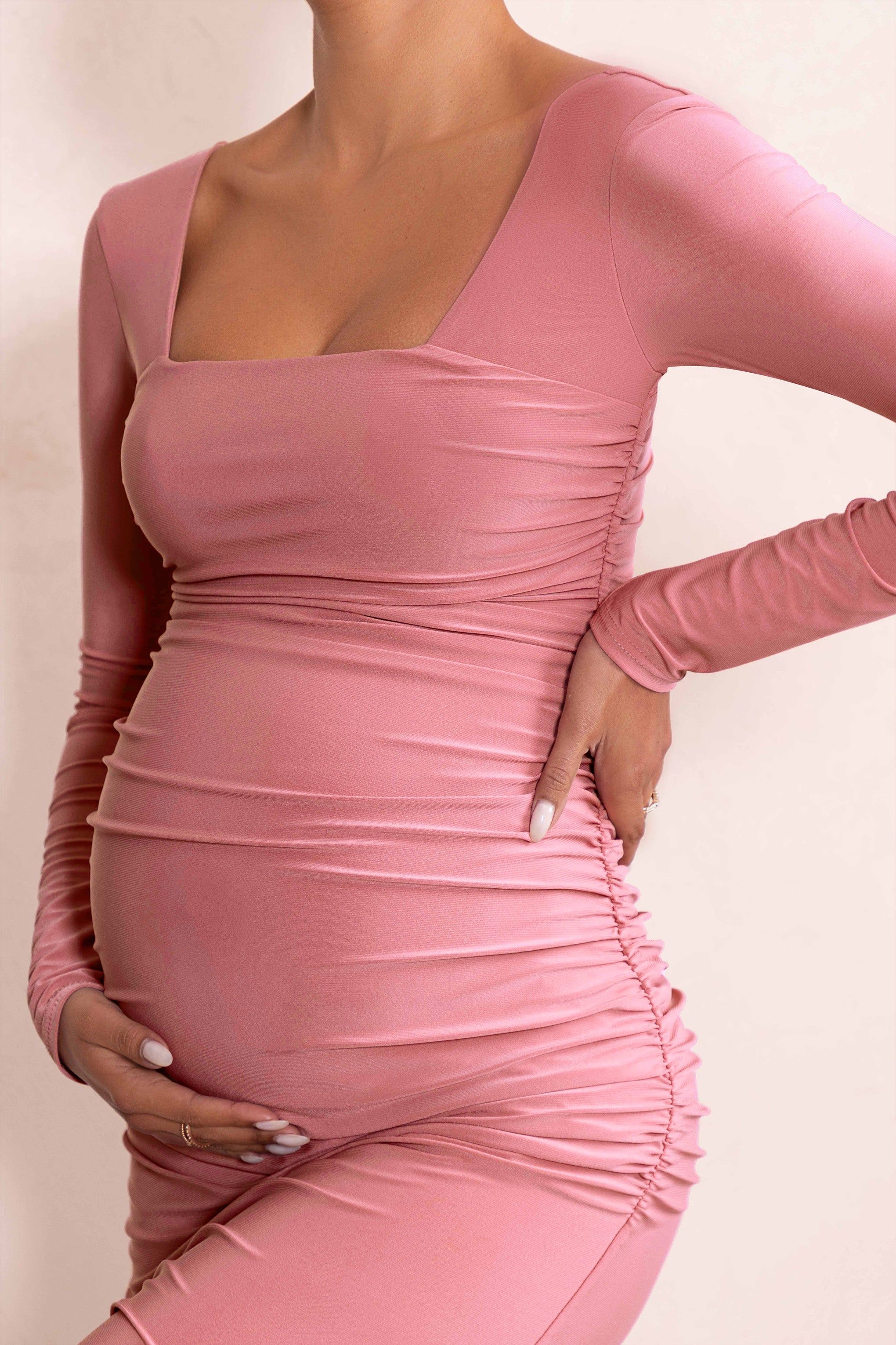 My Pleasure | Blush Long Sleeve Square Neck Maternity Maxi Dress with Split sold by Club L London product image thumbnail 3