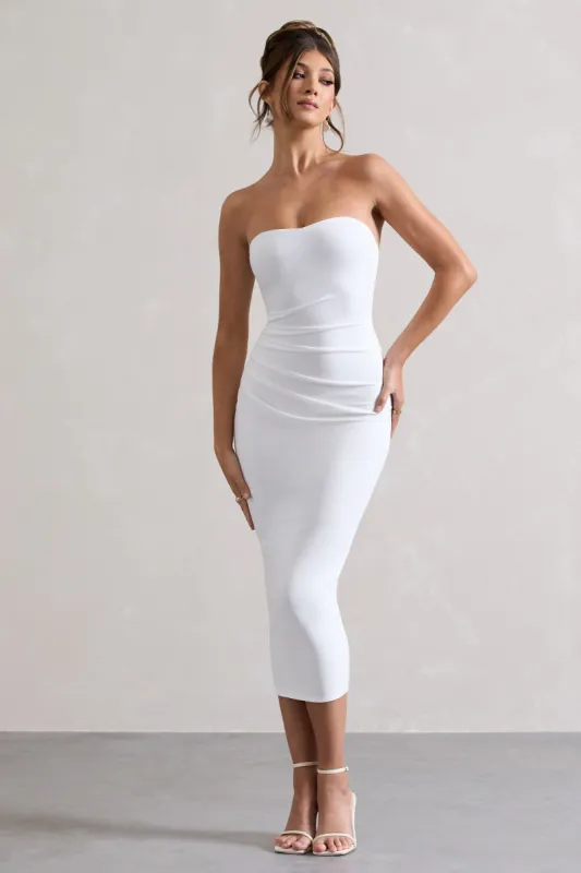 East End | White Strapless Gathered Midi Dress sold by Club L London