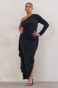 Never Let Go | Black One Shoulder Ruched Side Detail Maxi Dress sold by Club L London