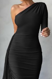 Never Let Go | Black One Shoulder Ruched Side Detail Maxi Dress sold by Club L London