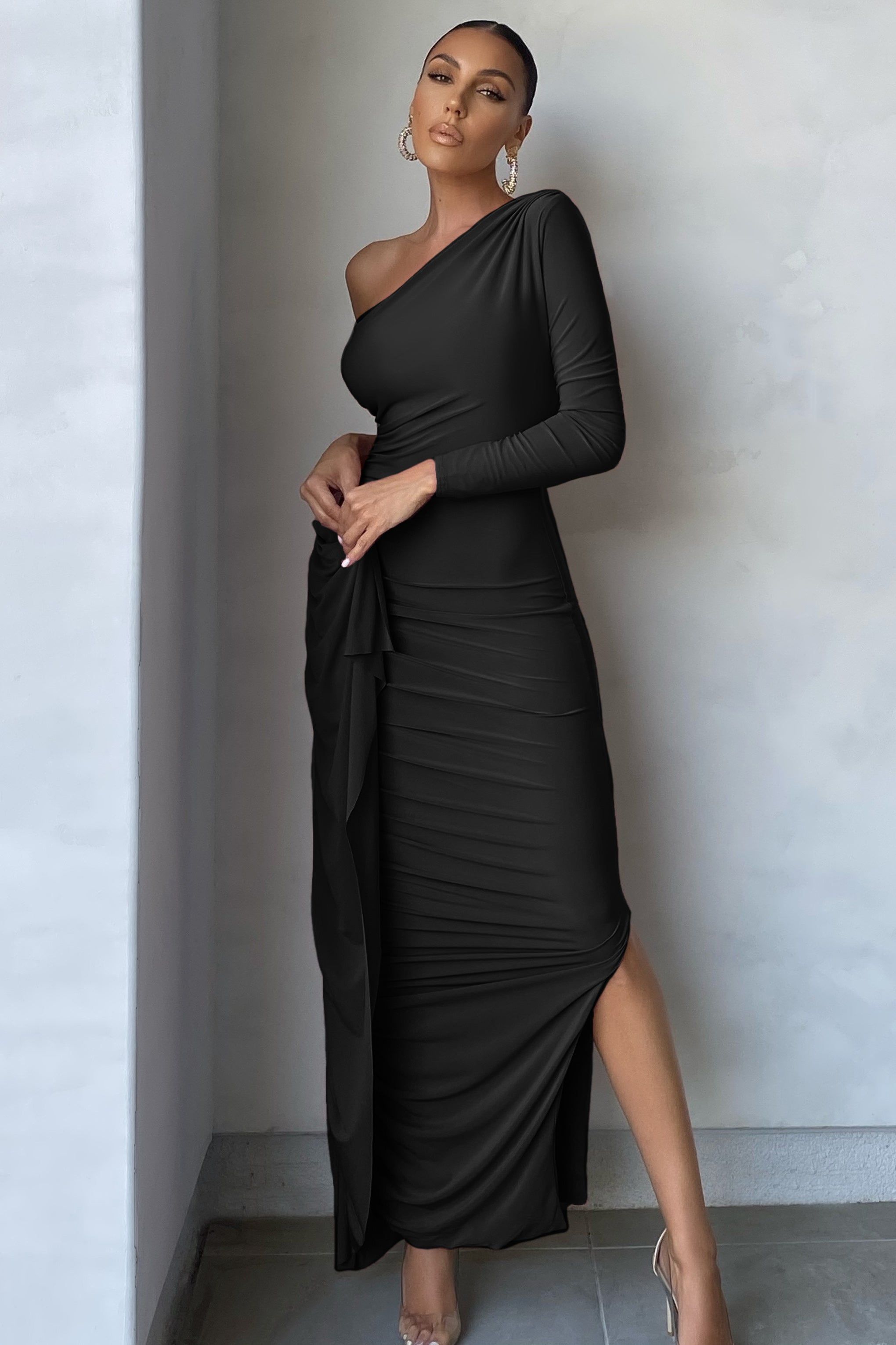 Never Let Go | Black One Shoulder Ruched Side Detail Maxi Dress sold by Club L London