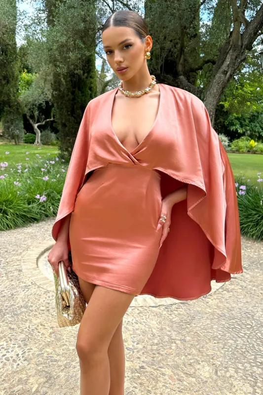 Olsen | Coral Satin Plunge-Neck Cape Mini Dress made by Club L London