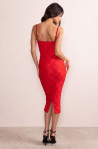 Anele | Red Lace Overlay Corset Midi Dress sold by Club L London