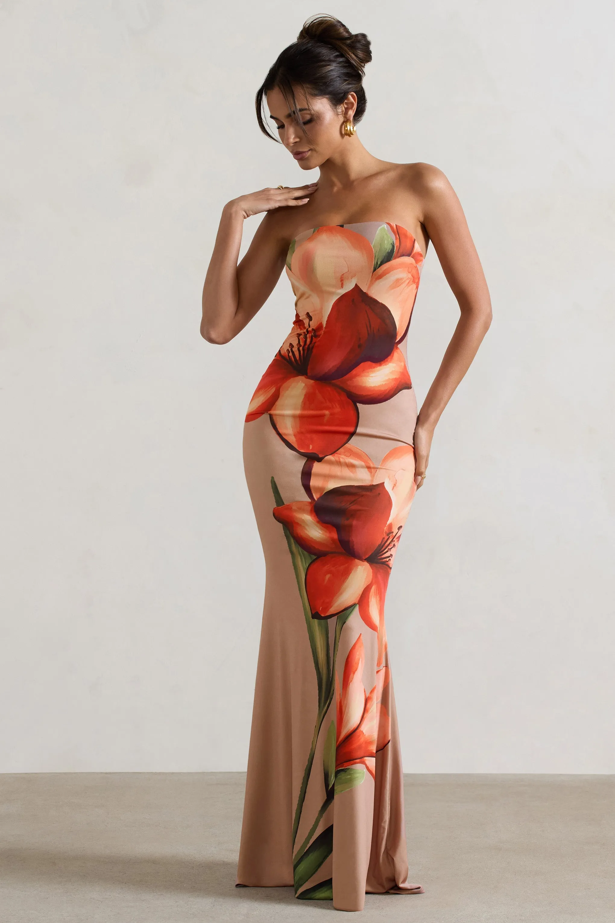 Ceremony | Orange and Mocha Floral Bandeau Fishtail Maxi Dress sold by Club L London