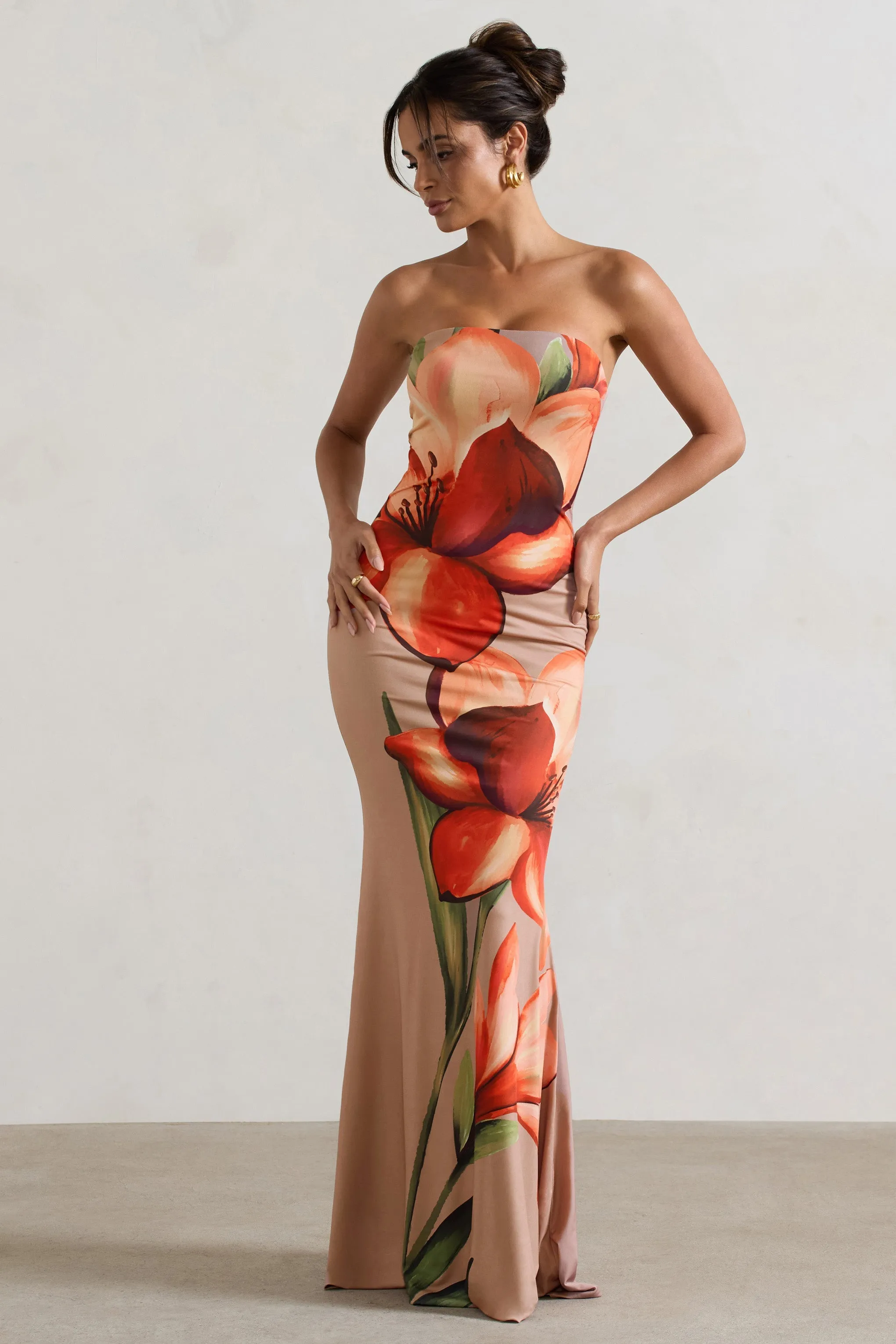 Ceremony | Orange and Mocha Floral Bandeau Fishtail Maxi Dress sold by Club L London product image thumbnail 5