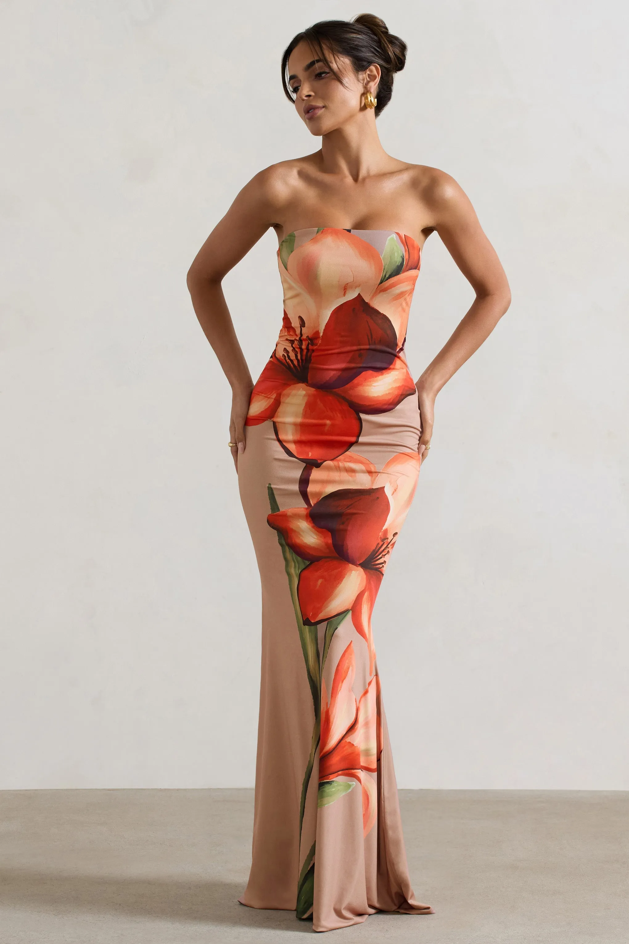 Ceremony | Orange and Mocha Floral Bandeau Fishtail Maxi Dress sold by Club L London product image thumbnail 4