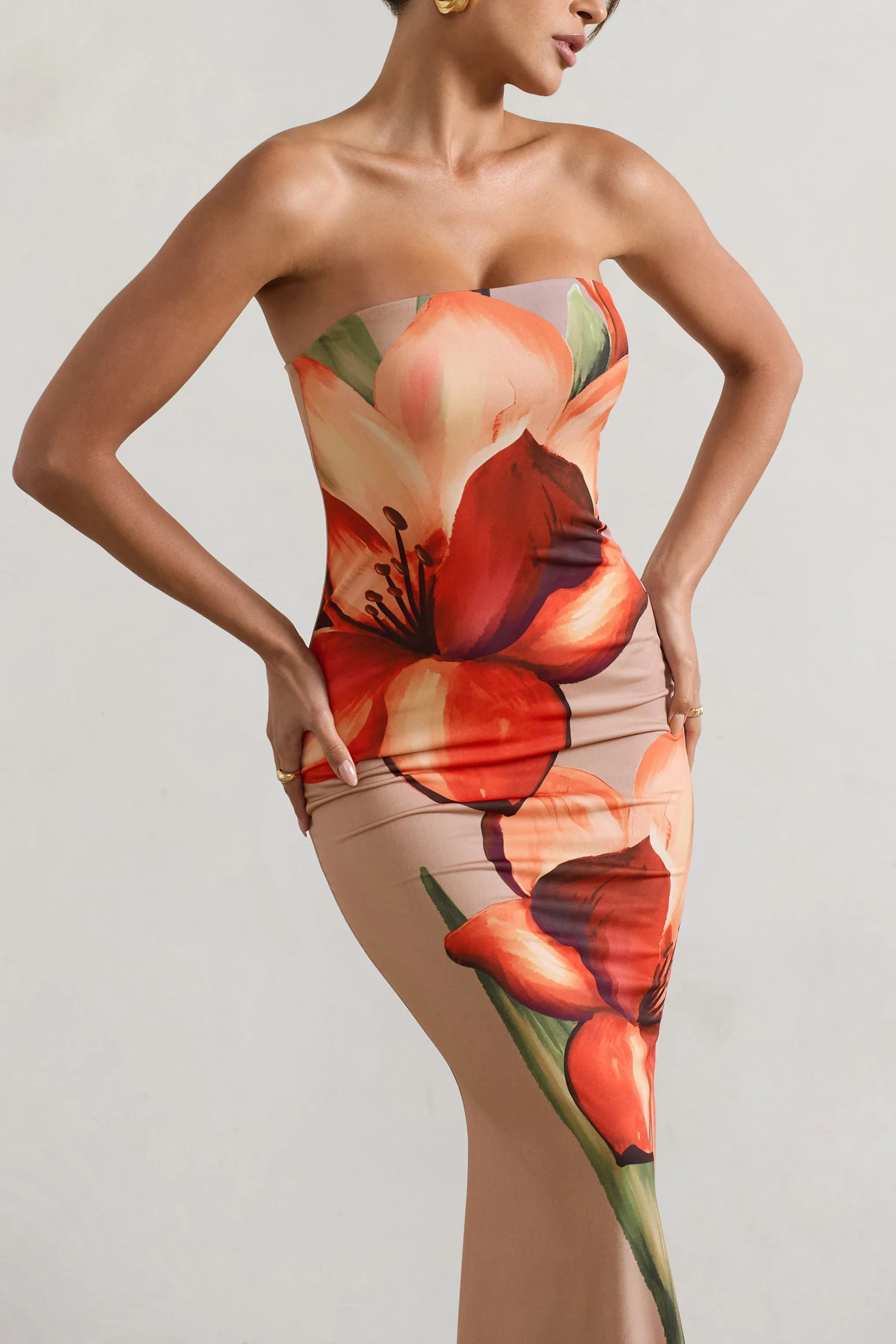 Ceremony | Orange and Mocha Floral Bandeau Fishtail Maxi Dress sold by Club L London product image thumbnail 3