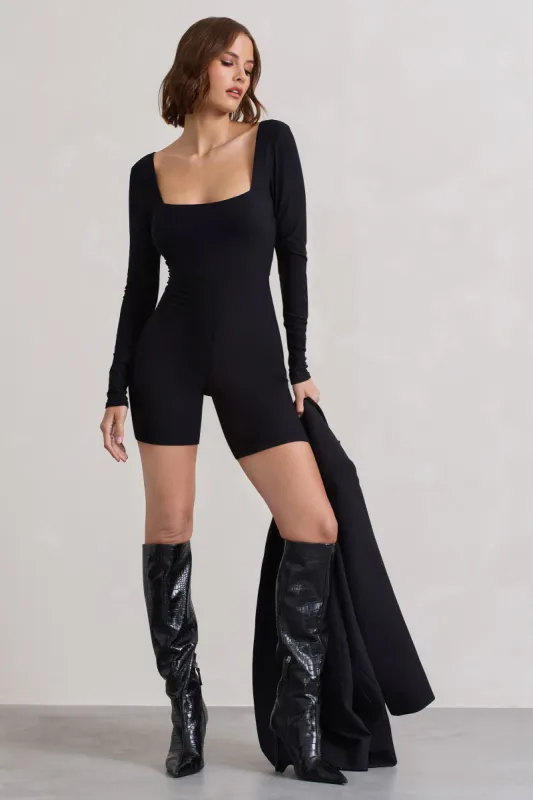 Kayleigh | Black Square-Neck Long-Sleeve Playsuit sold by Club L London