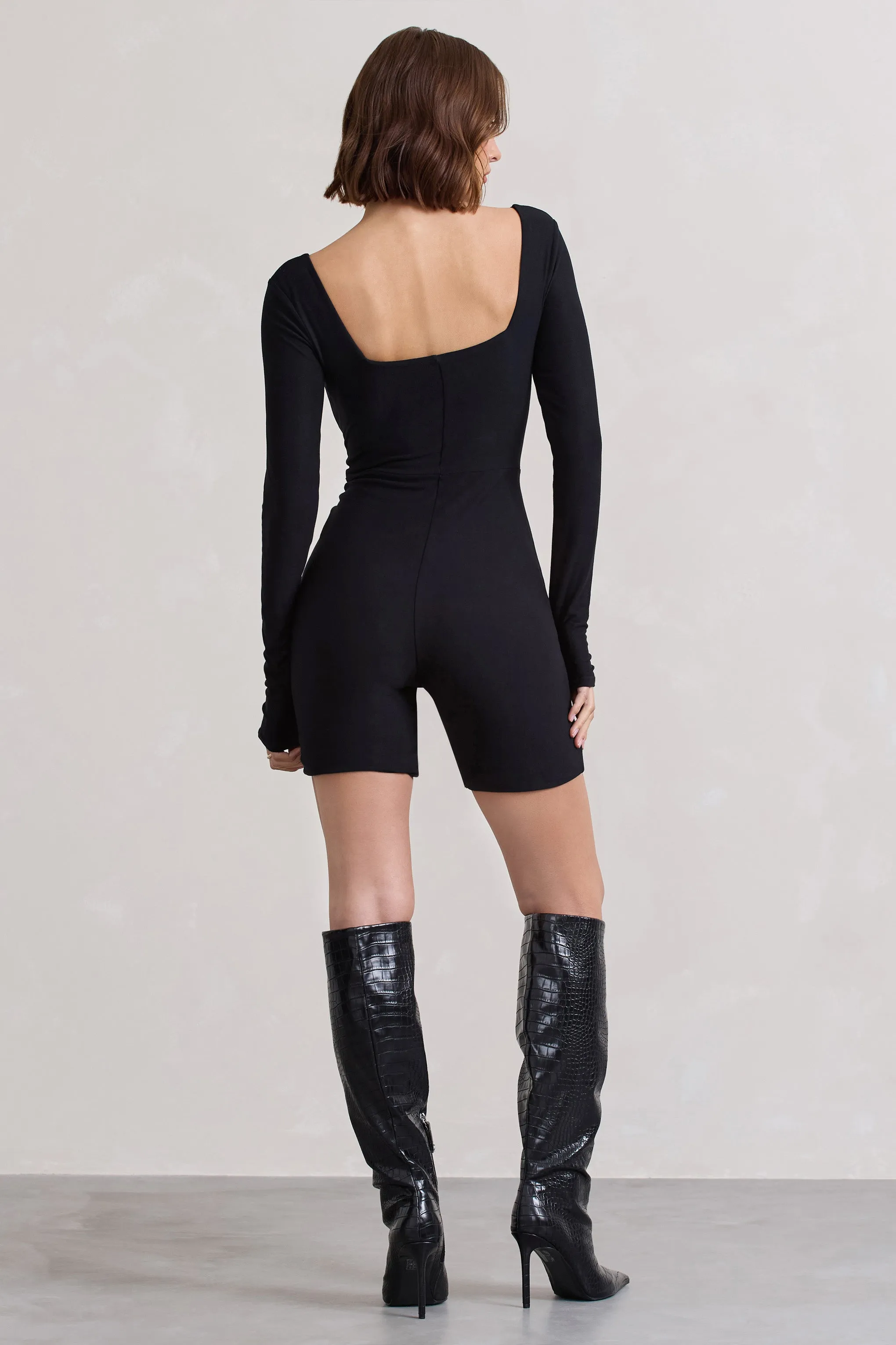 Kayleigh | Black Square-Neck Long-Sleeve Playsuit sold by Club L London product image thumbnail 4