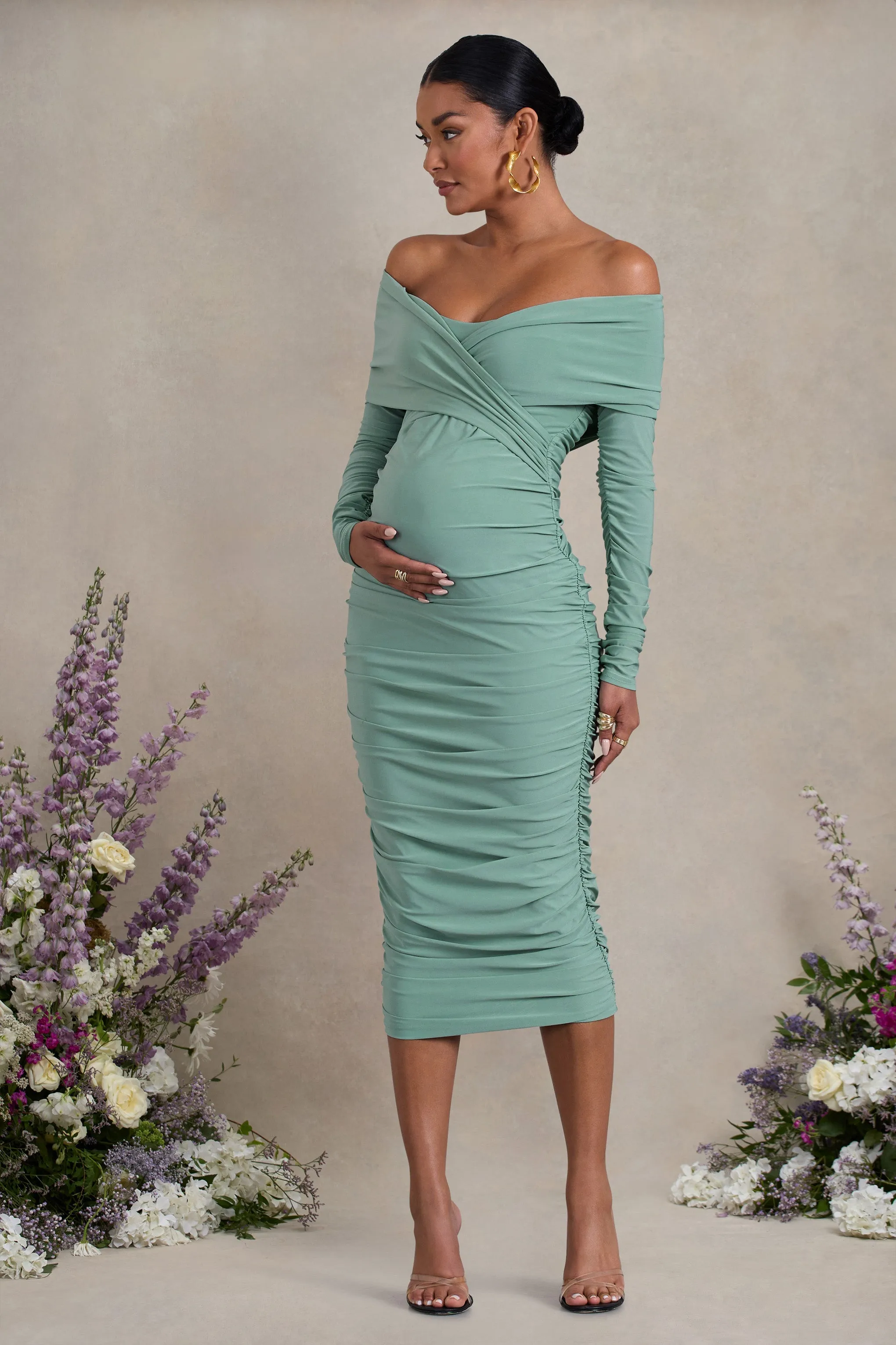 Davina | Sage Ruched Twist Bardot Long-Sleeve Maternity Midi Dress sold by Club L London product image thumbnail 4