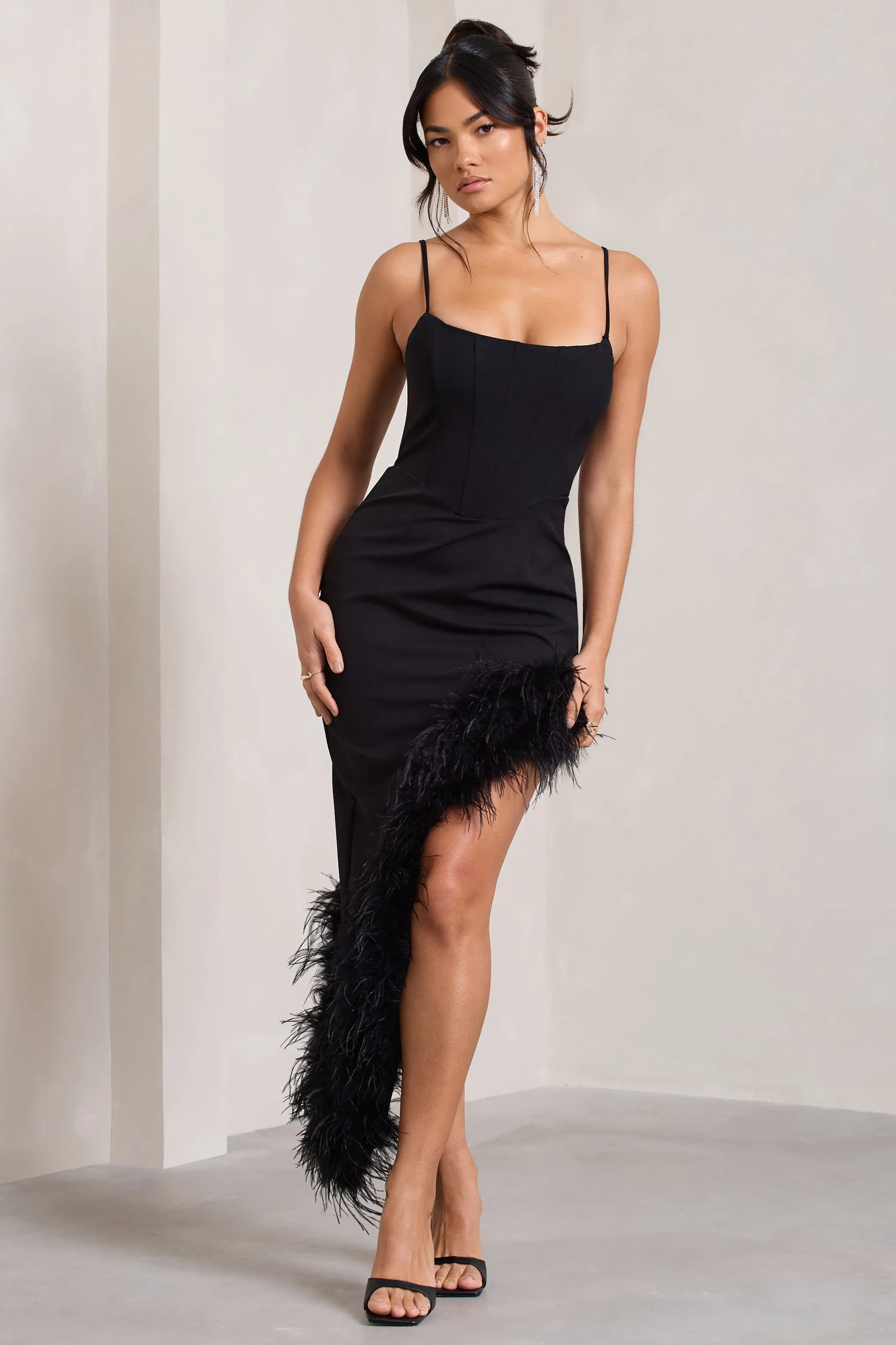 High Status | Black Strappy Corset Asymmetric Maxi Dress With Feather Trim sold by Club L London product image thumbnail 4
