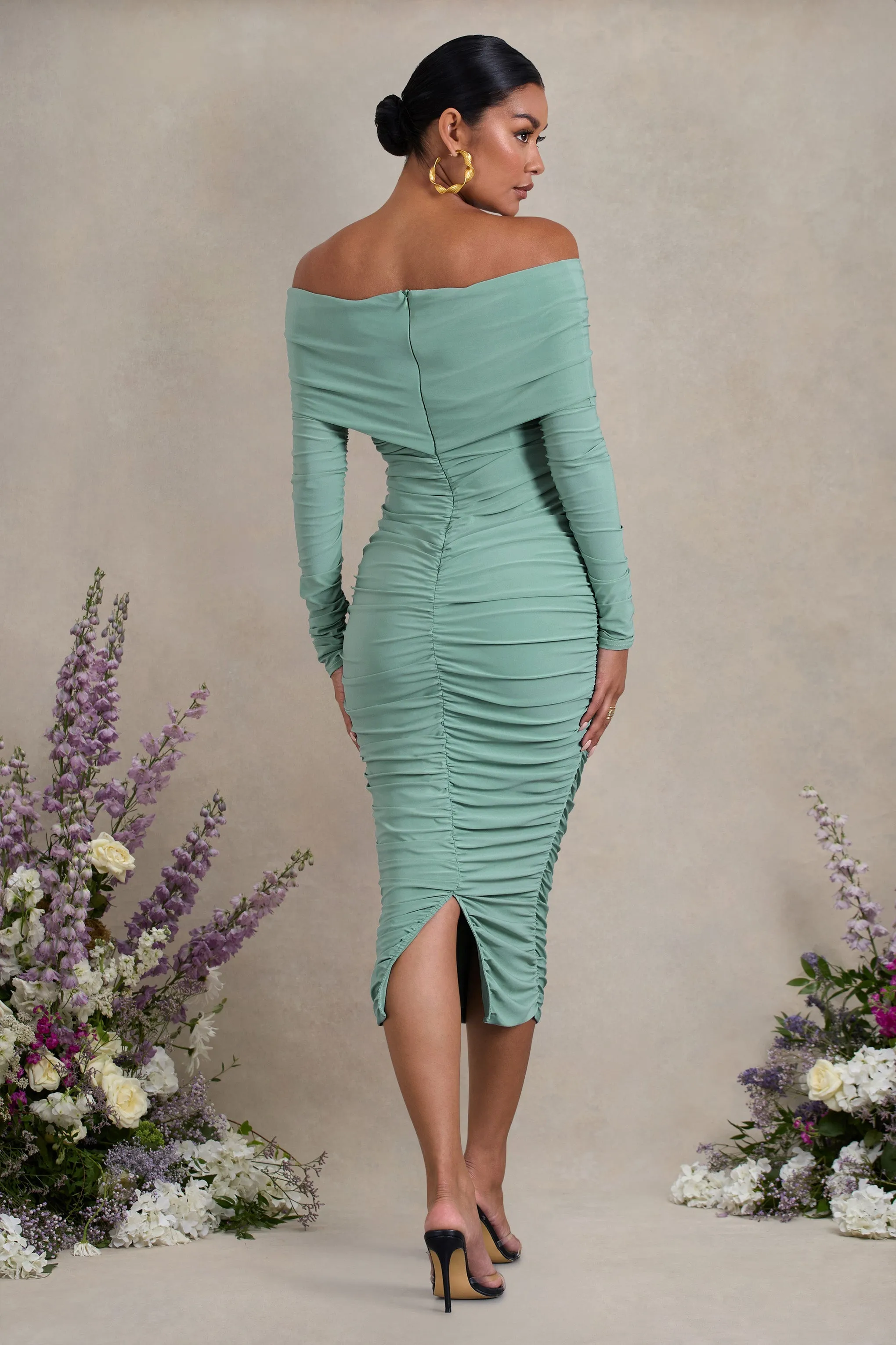 Davina | Sage Ruched Twist Bardot Long-Sleeve Maternity Midi Dress sold by Club L London product image thumbnail 2