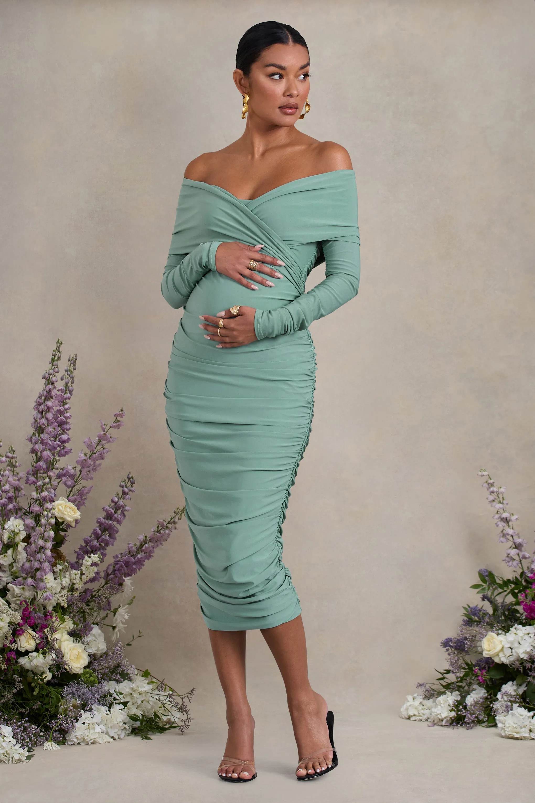 Davina | Sage Ruched Twist Bardot Long-Sleeve Maternity Midi Dress sold by Club L London