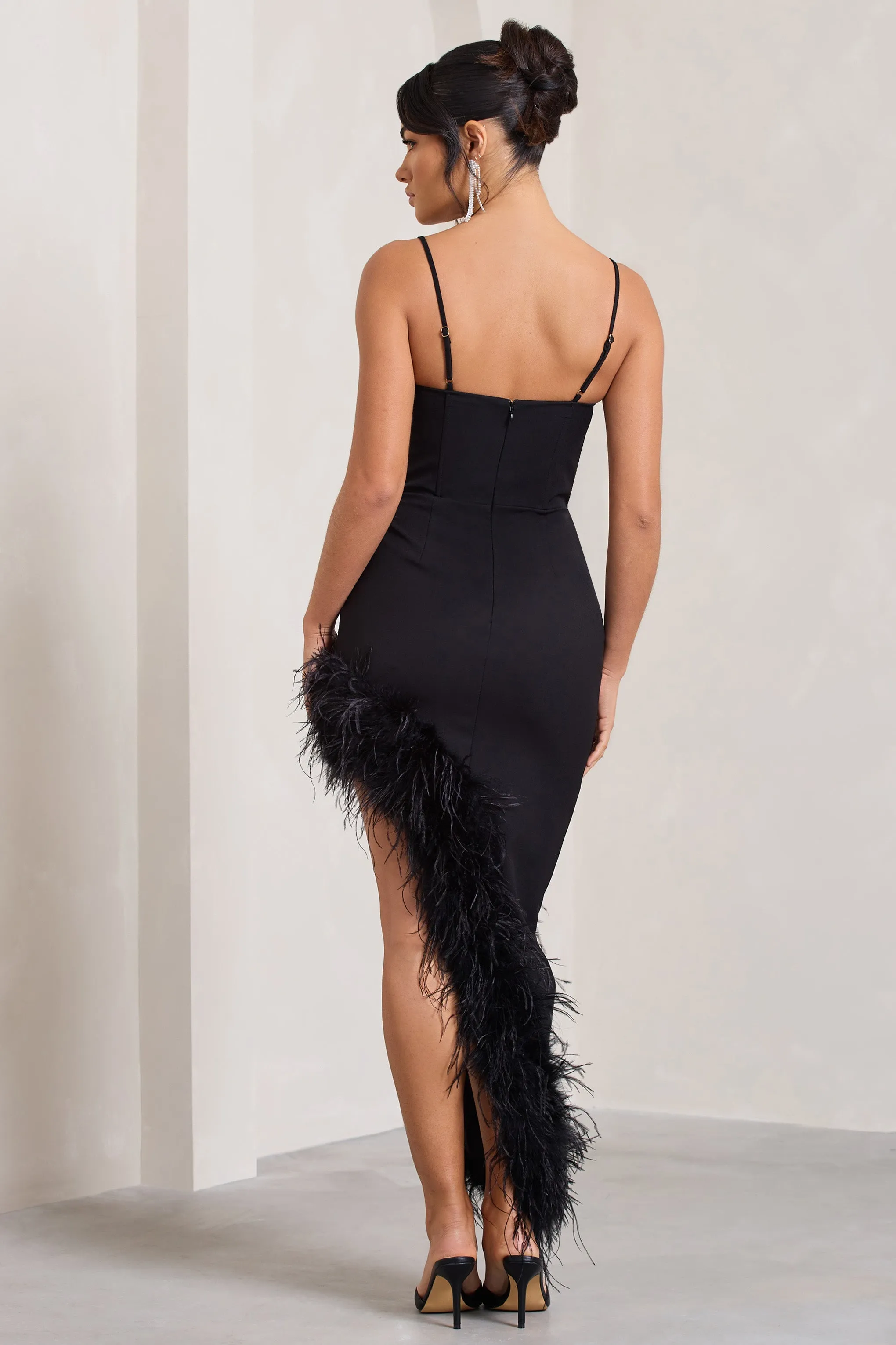High Status | Black Strappy Corset Asymmetric Maxi Dress With Feather Trim sold by Club L London product image thumbnail 2