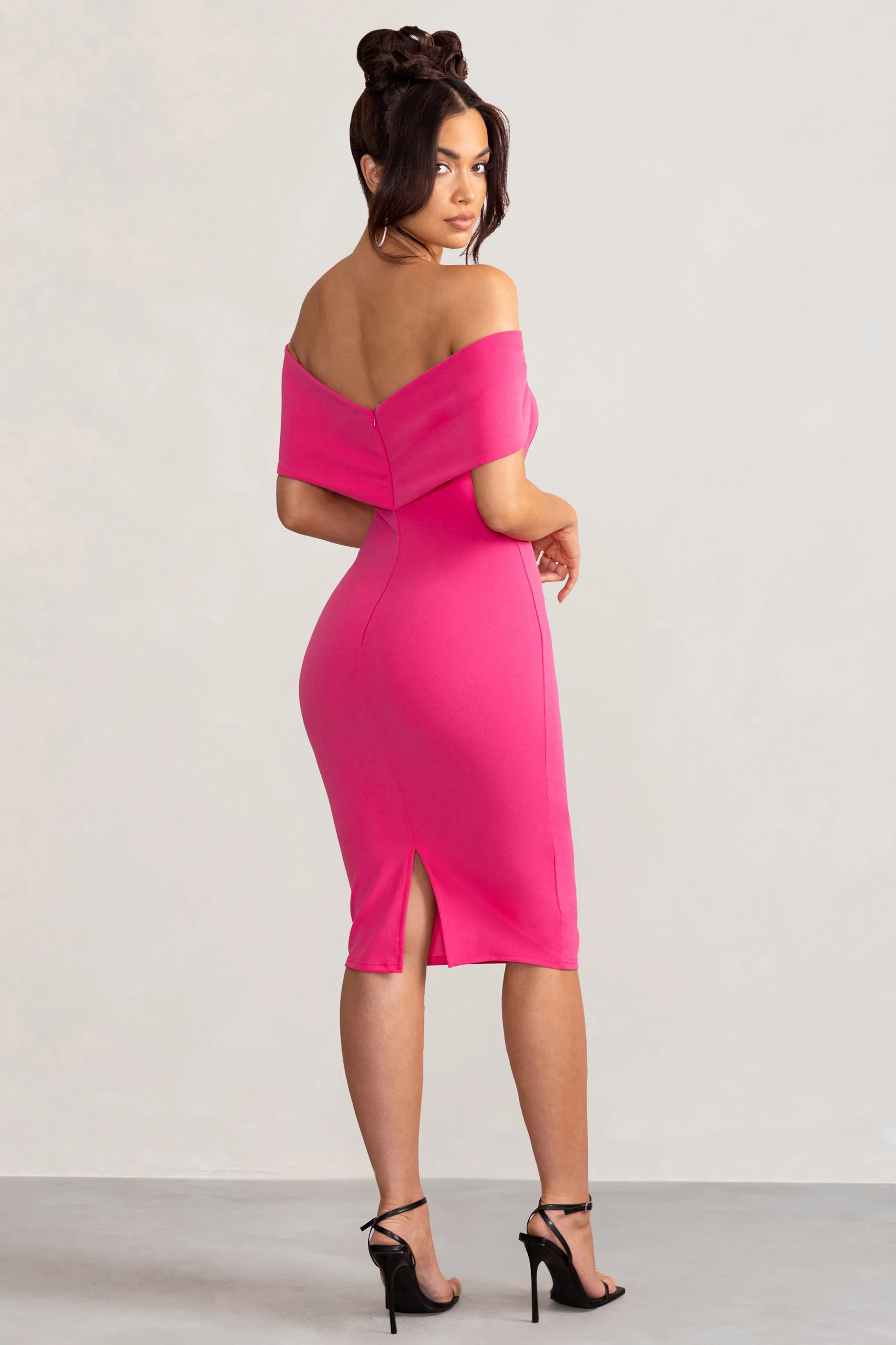 Alyssa | Hot Pink Bardot Bow Detail Midi Dress sold by Club L London product image thumbnail 2