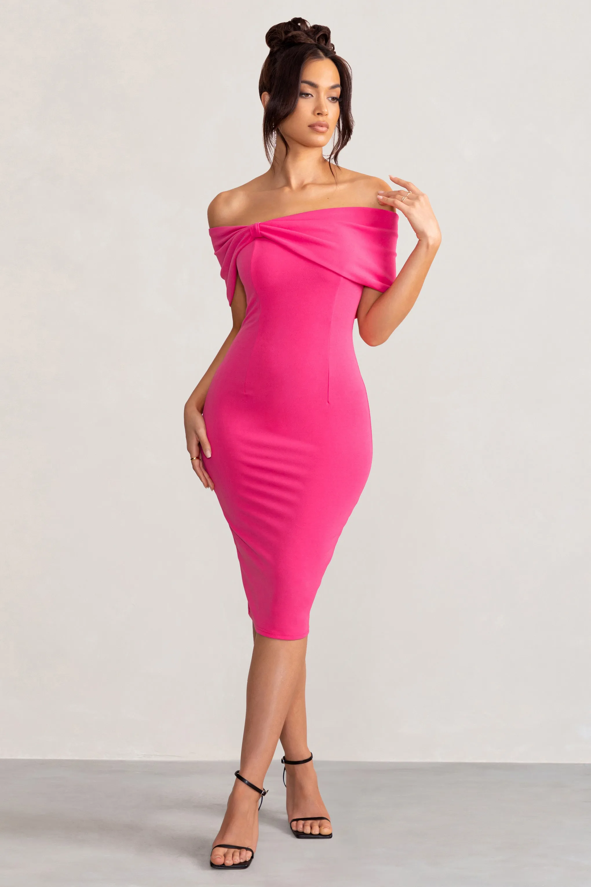 Alyssa | Hot Pink Bardot Bow Detail Midi Dress sold by Club L London product image thumbnail 4