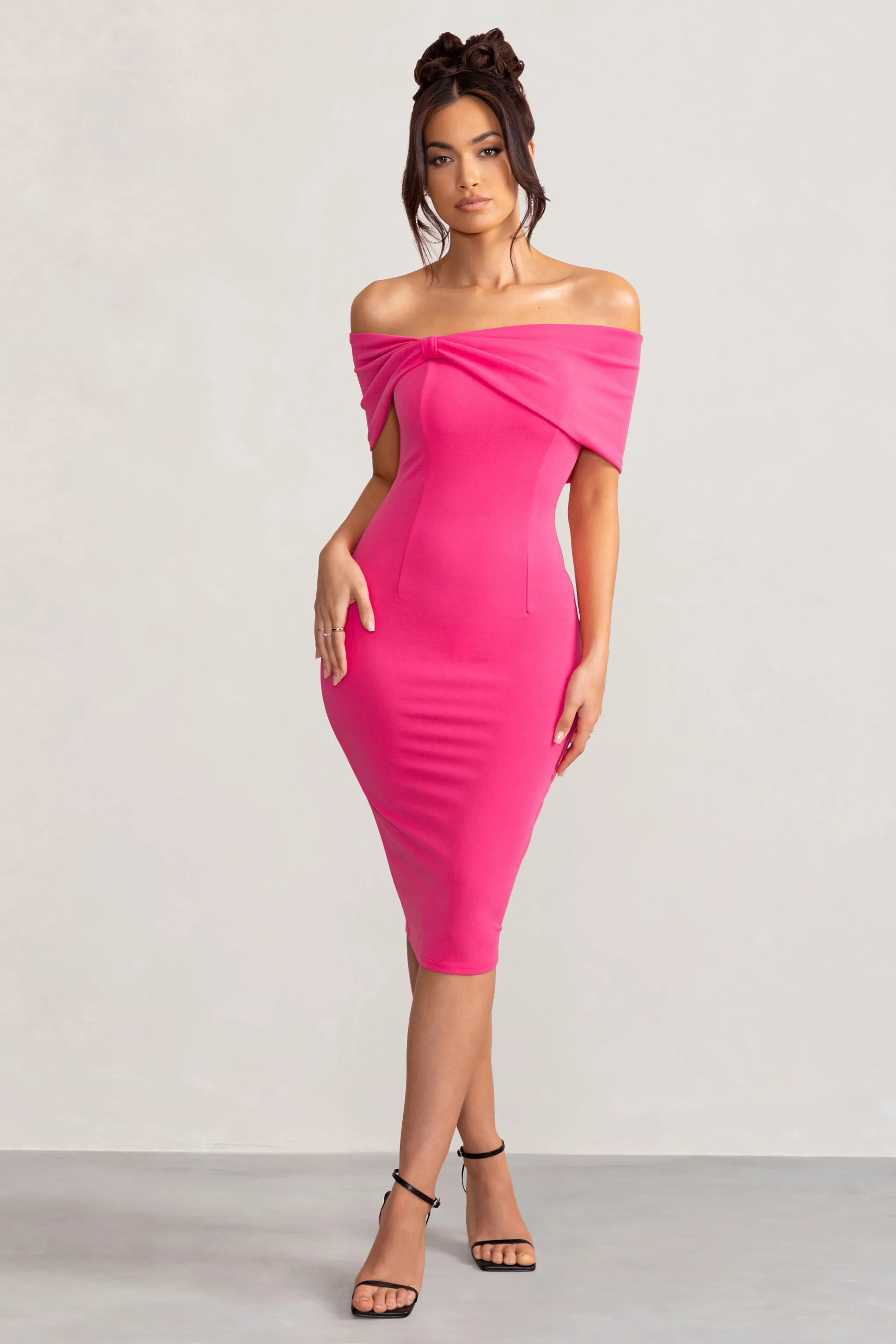 Alyssa | Hot Pink Bardot Bow Detail Midi Dress sold by Club L London