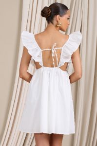 Let's Laze | White Poplin Smocked Mini Dress With Frilled Straps sold by Club L London