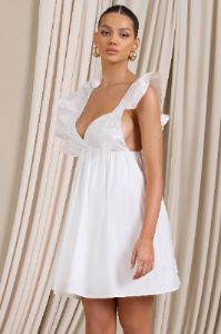 Let's Laze | White Poplin Smocked Mini Dress With Frilled Straps sold by Club L London