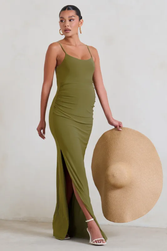 Aurelia | Olive Green Maternity Cami Maxi Dress With Split sold by Club L London