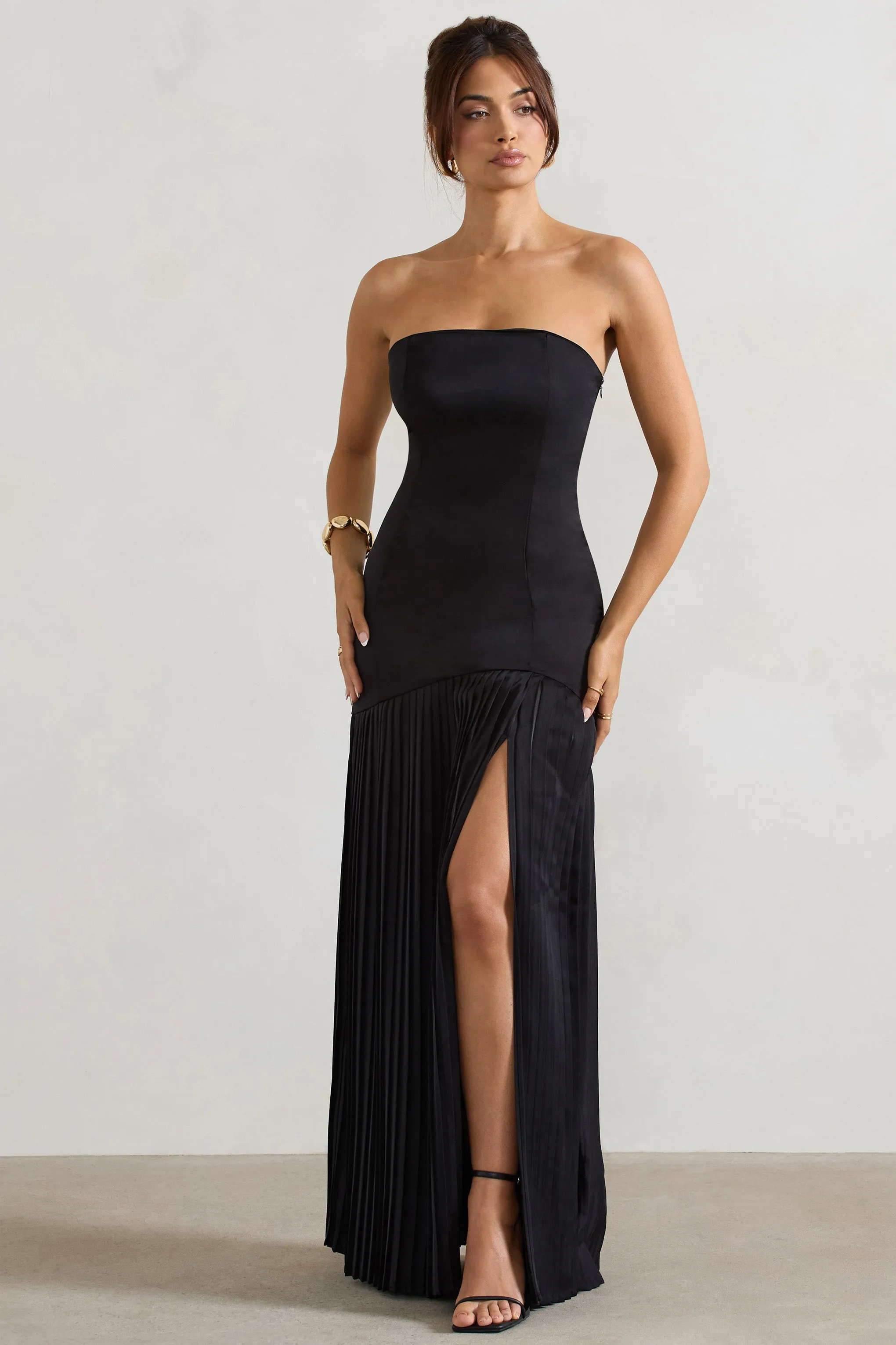 Confidence | Black Satin Bandeau Pleated Split Maxi Dress sold by Club L London product image thumbnail 5