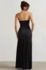 Confidence | Black Satin Bandeau Pleated Split Maxi Dress sold by Club L London