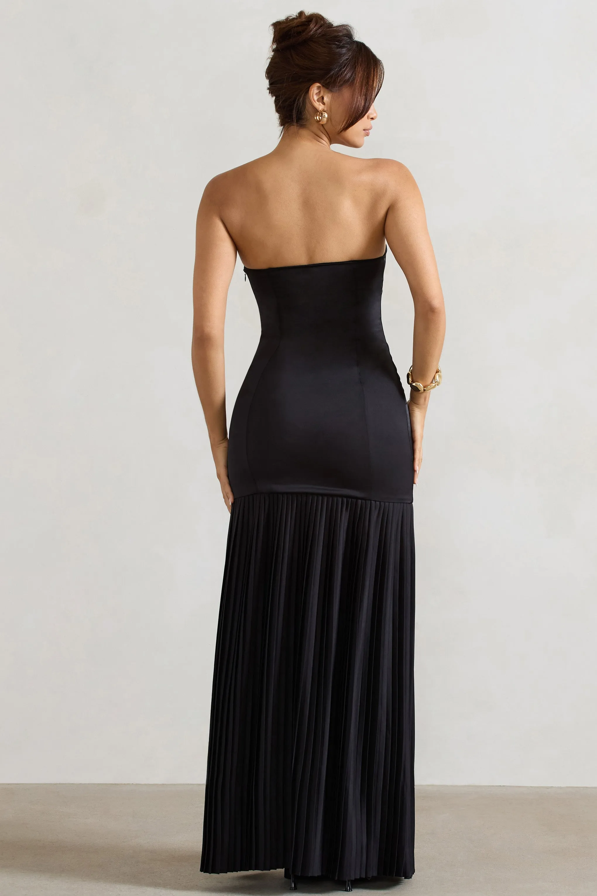 Confidence | Black Satin Bandeau Pleated Split Maxi Dress sold by Club L London product image thumbnail 2