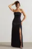 Confidence | Black Satin Bandeau Pleated Split Maxi Dress sold by Club L London