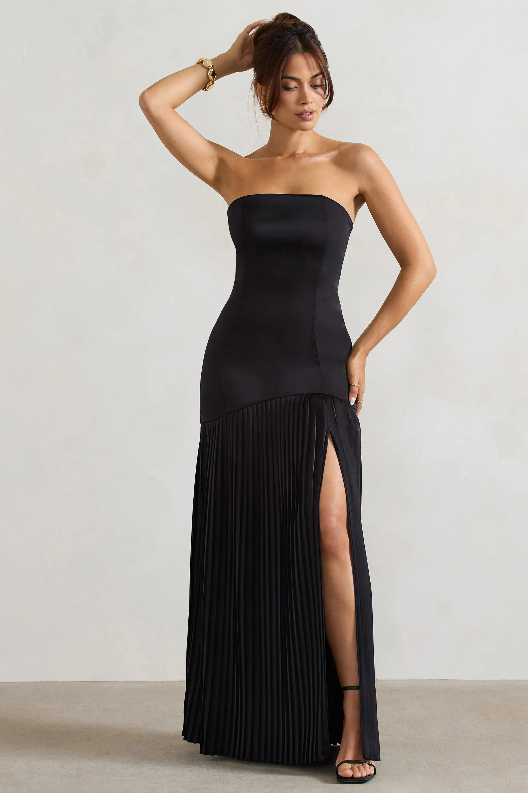 Confidence | Black Satin Bandeau Pleated Split Maxi Dress sold by Club L London product image thumbnail 4