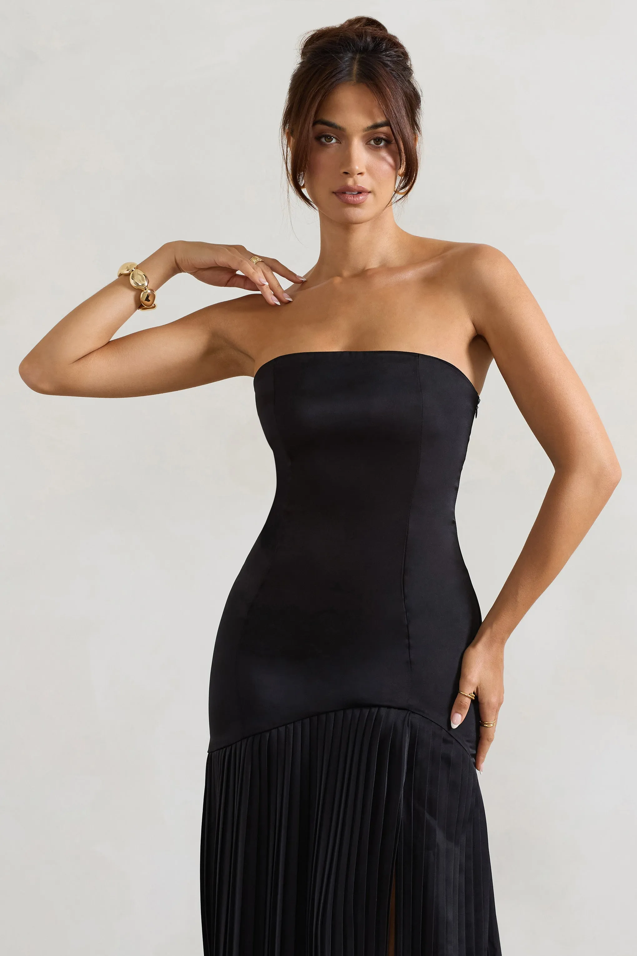 Confidence | Black Satin Bandeau Pleated Split Maxi Dress sold by Club L London product image thumbnail 3