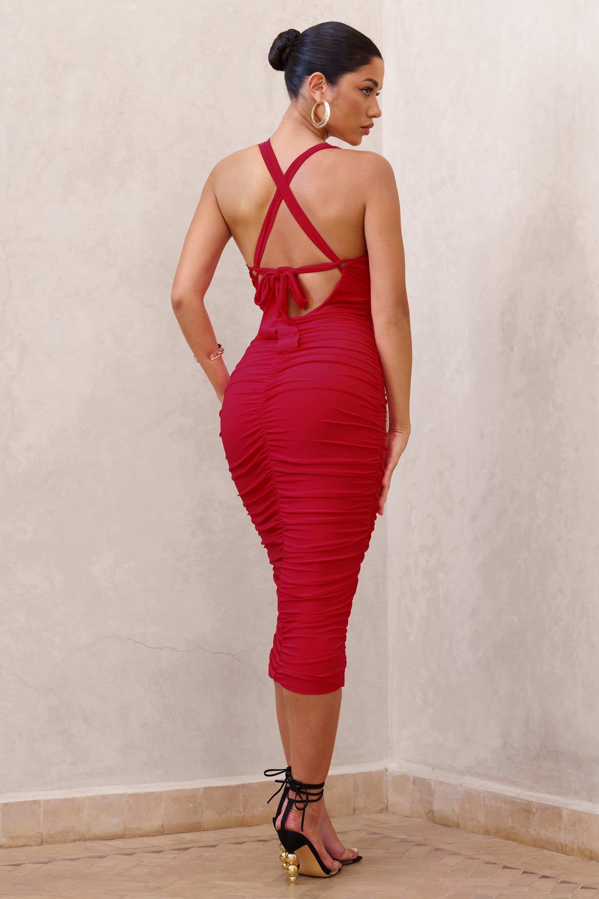 Embody | Red Cut Out Twist Front Ruched Midi Dress sold by Club L London product image thumbnail 2