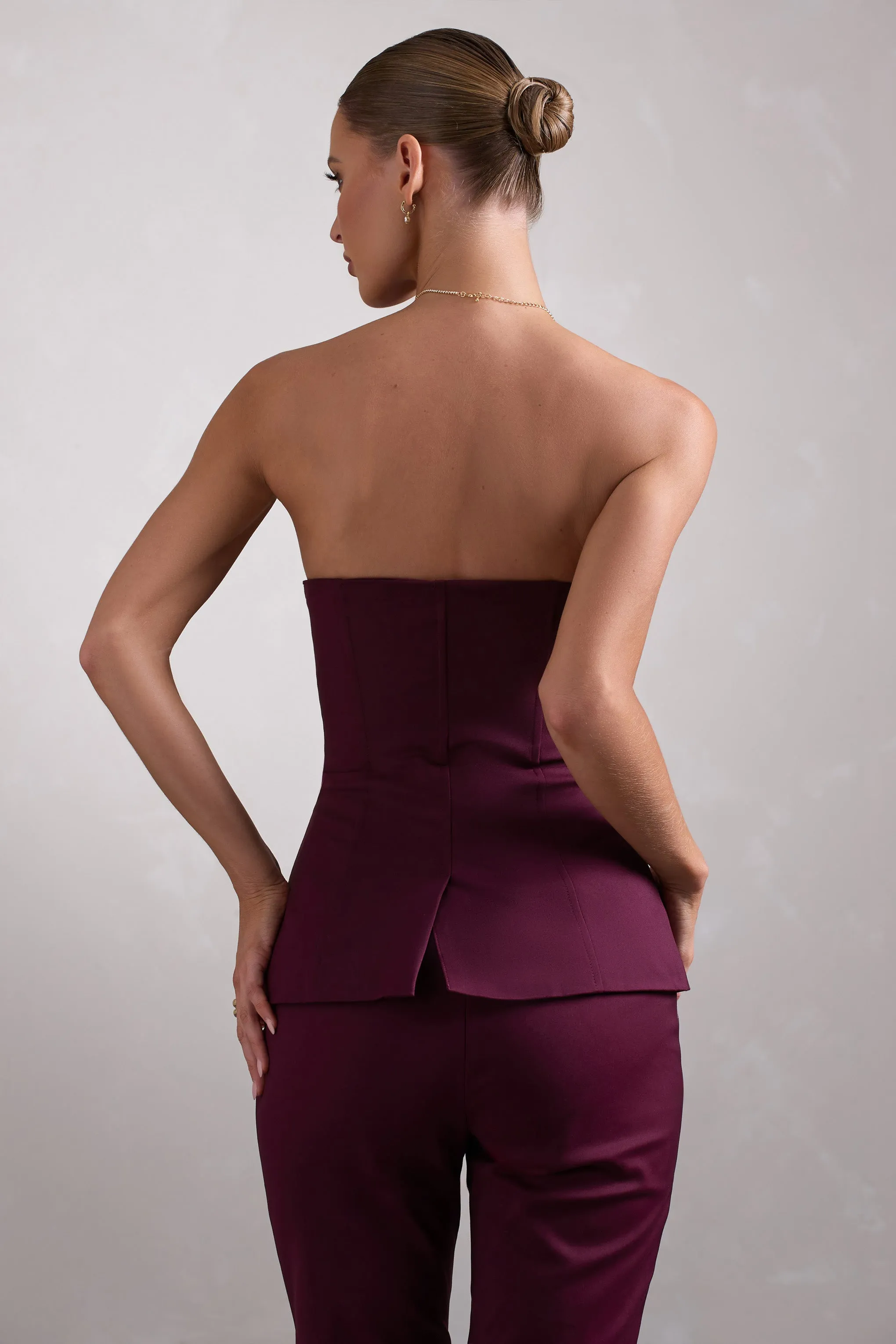 Illusive | Burgundy Satin-Blend Strapless Panelled Corset Top sold by Club L London product image thumbnail 2