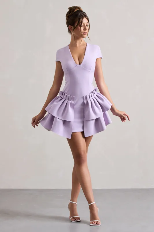 Genevieve | Lilac Plunge-Neck Mini Dress With Layered Hem sold by Club L London