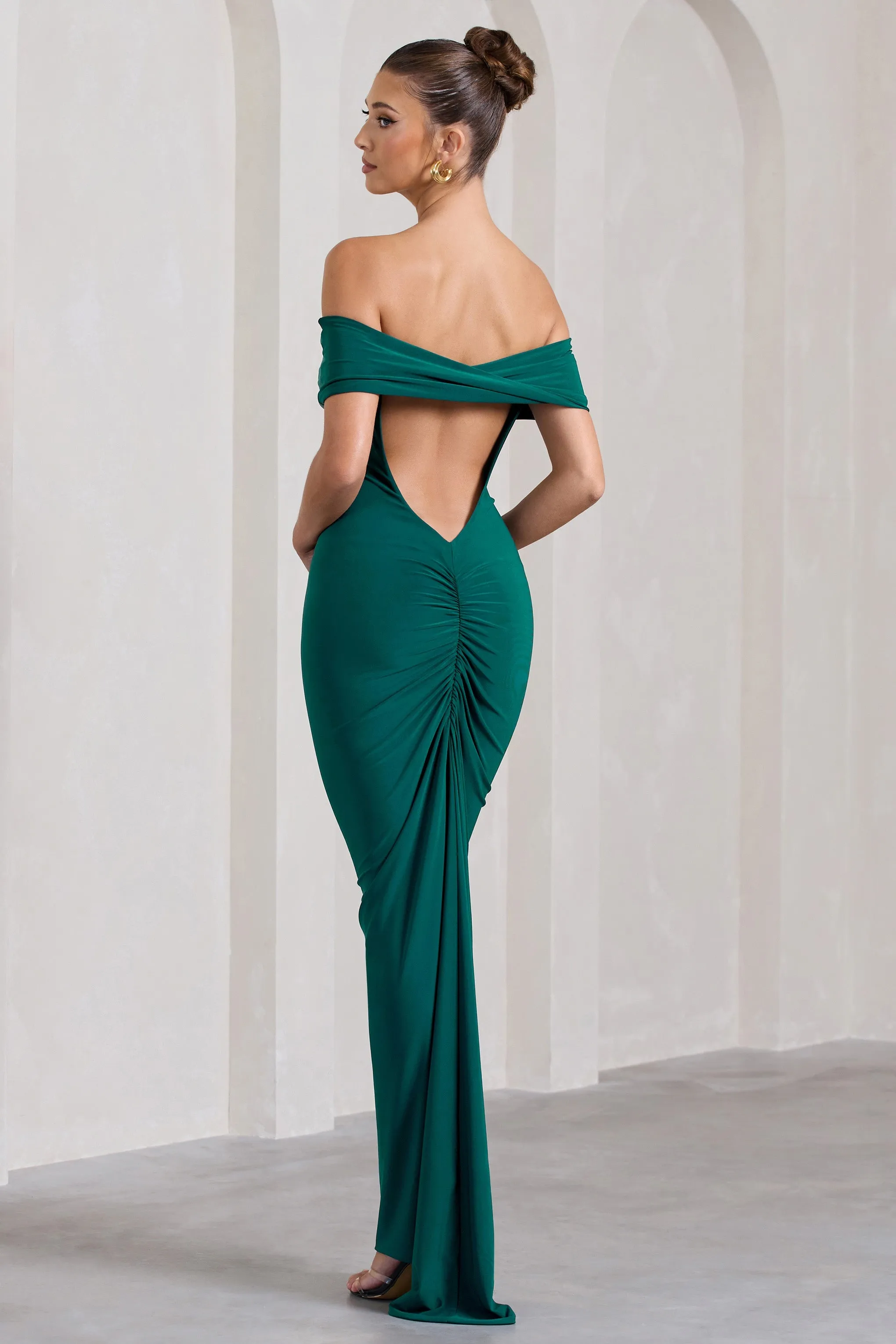 Vivienne | Bottle Green Bardot Open-Back Maxi Dress sold by Club L London