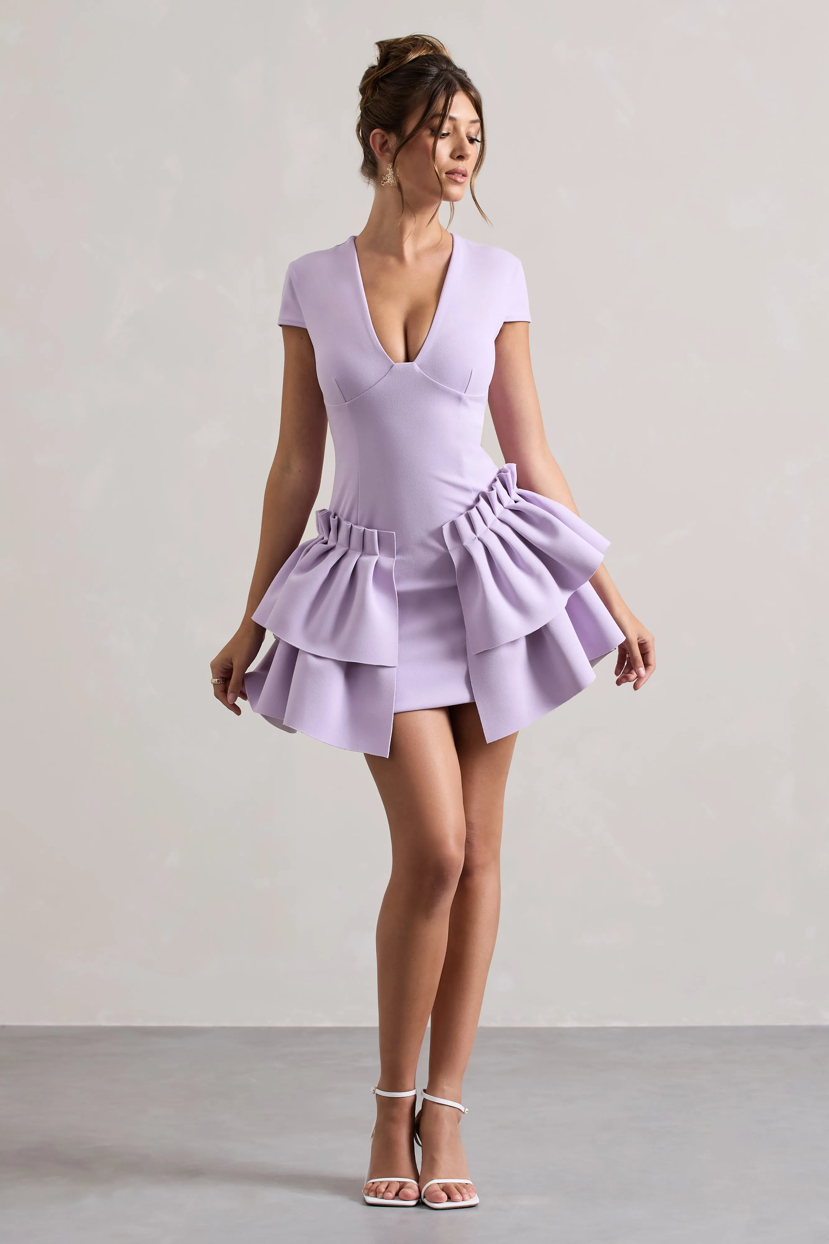 Genevieve | Lilac Plunge-Neck Mini Dress With Layered Hem sold by Club L London product image thumbnail 4