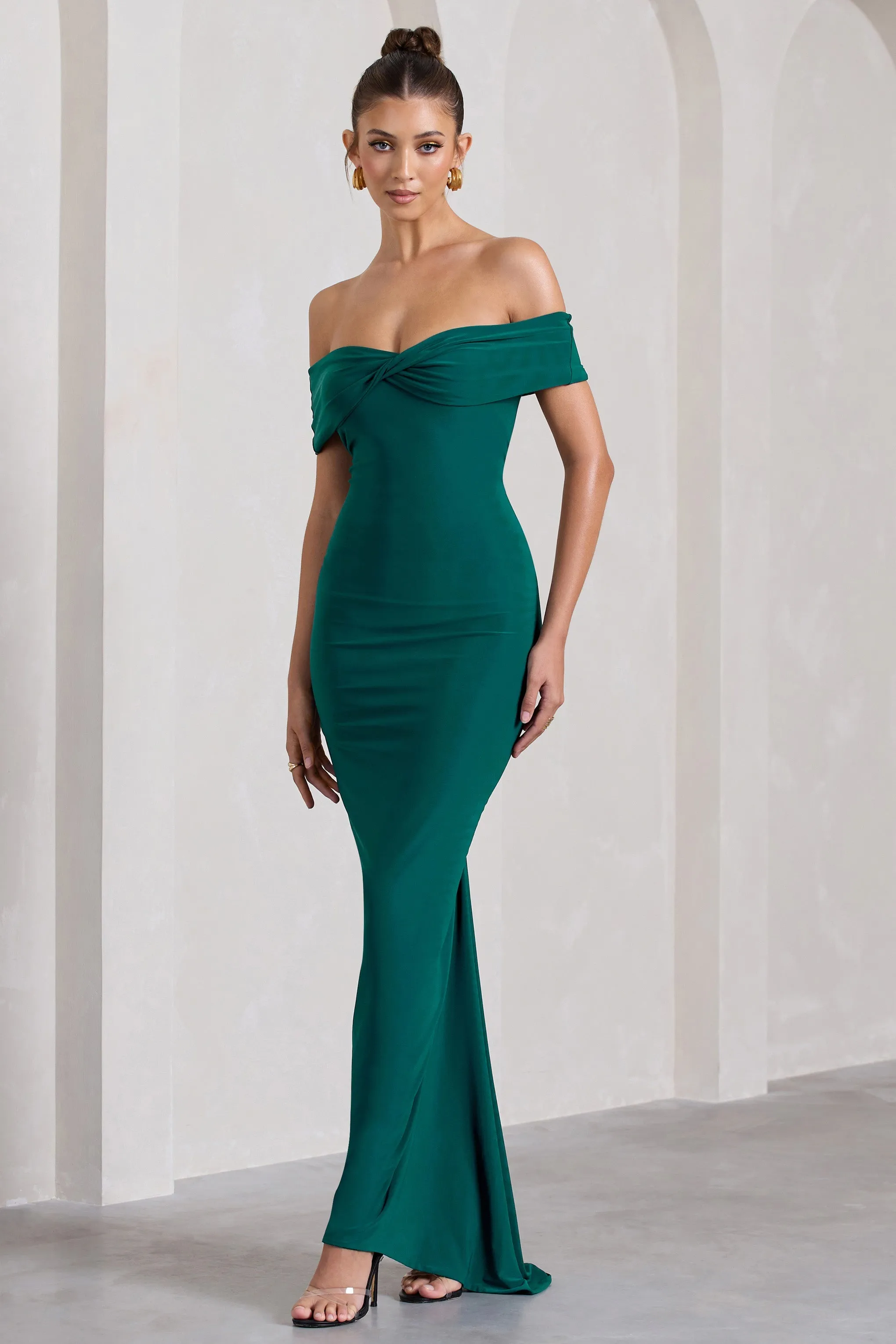 Vivienne | Bottle Green Bardot Open-Back Maxi Dress sold by Club L London product image thumbnail 4