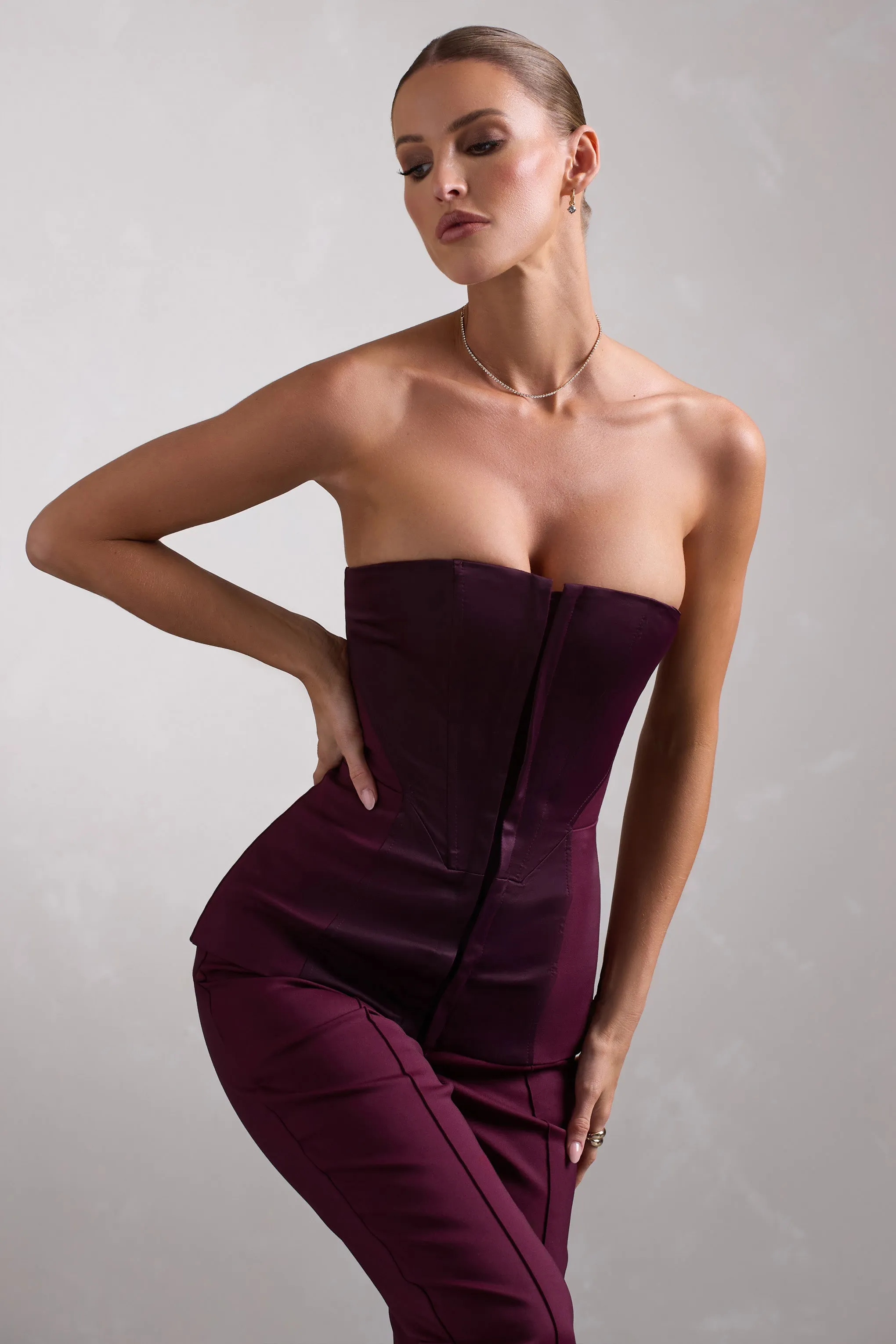 Illusive | Burgundy Satin-Blend Strapless Panelled Corset Top sold by Club L London