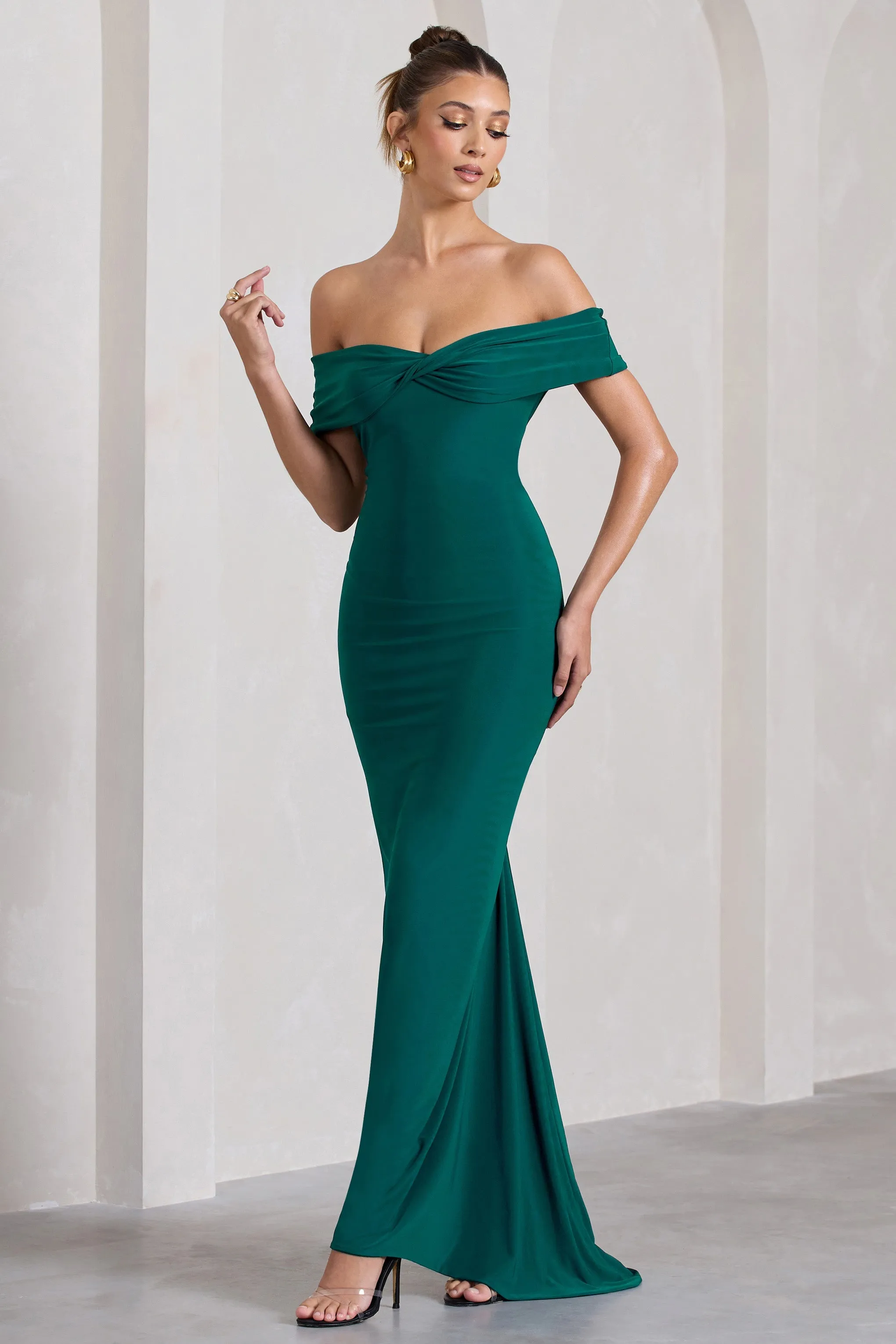 Vivienne | Bottle Green Bardot Open-Back Maxi Dress sold by Club L London product image thumbnail 2