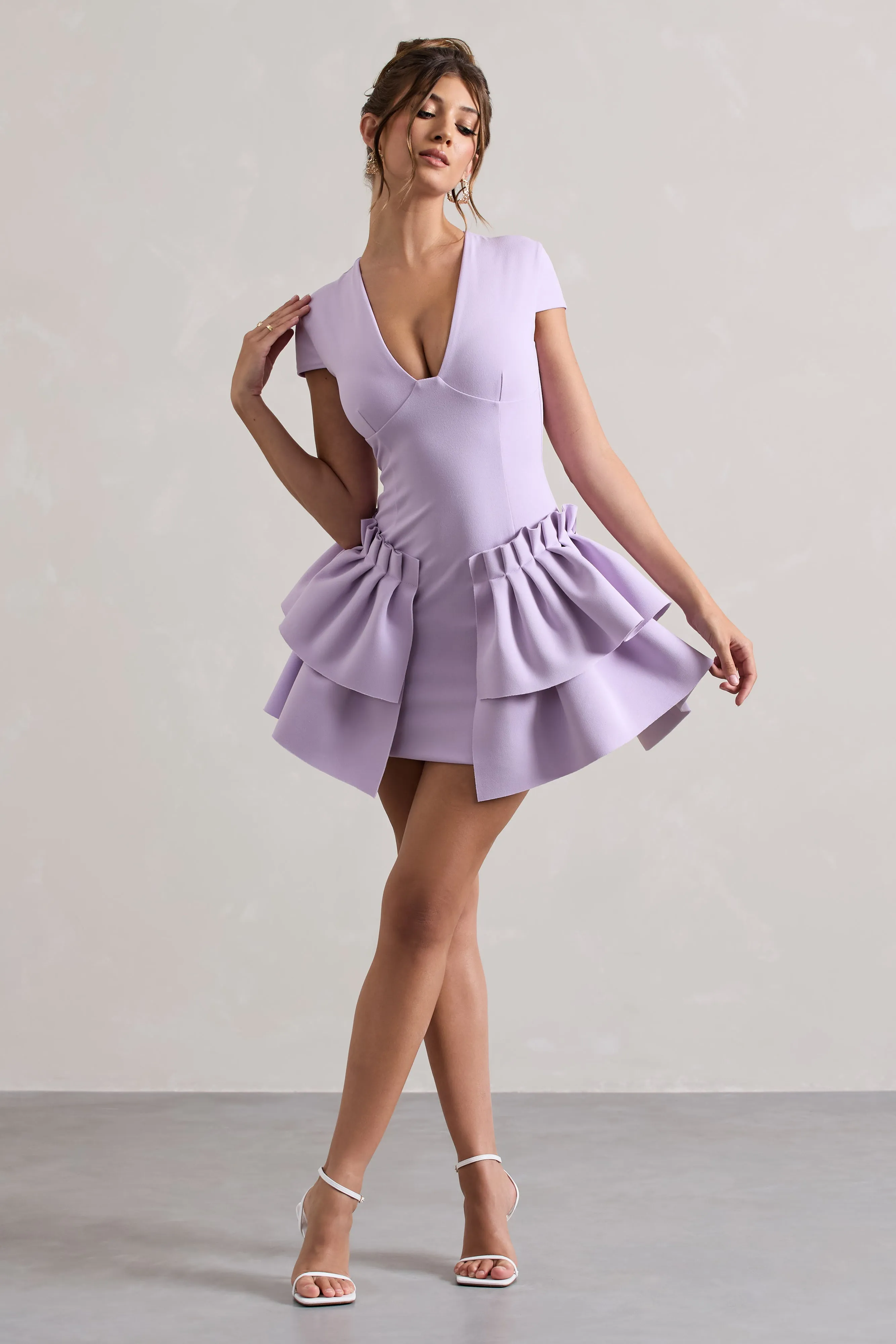 Genevieve | Lilac Plunge-Neck Mini Dress With Layered Hem sold by Club L London product image thumbnail 5