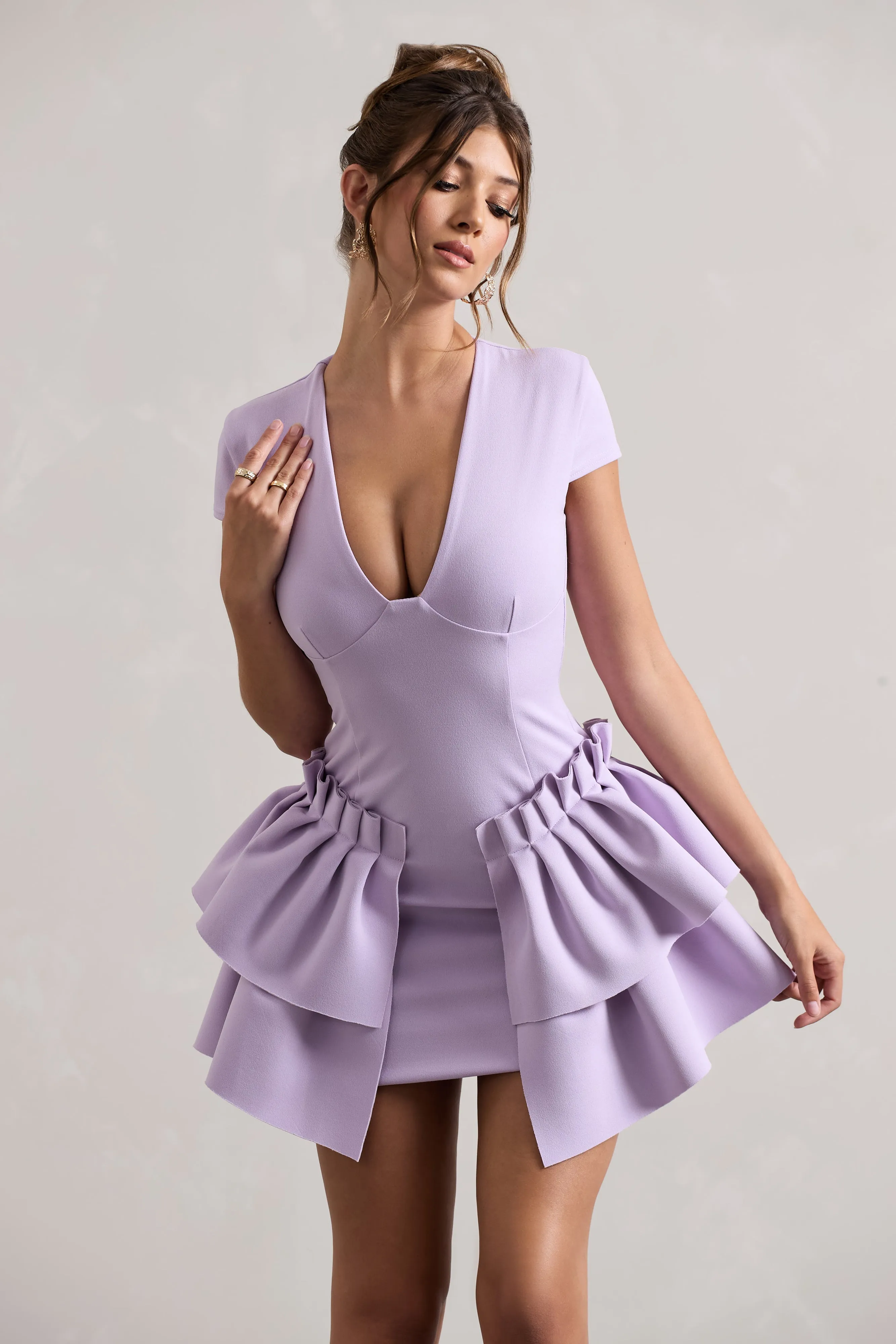 Genevieve | Lilac Plunge-Neck Mini Dress With Layered Hem sold by Club L London product image thumbnail 3