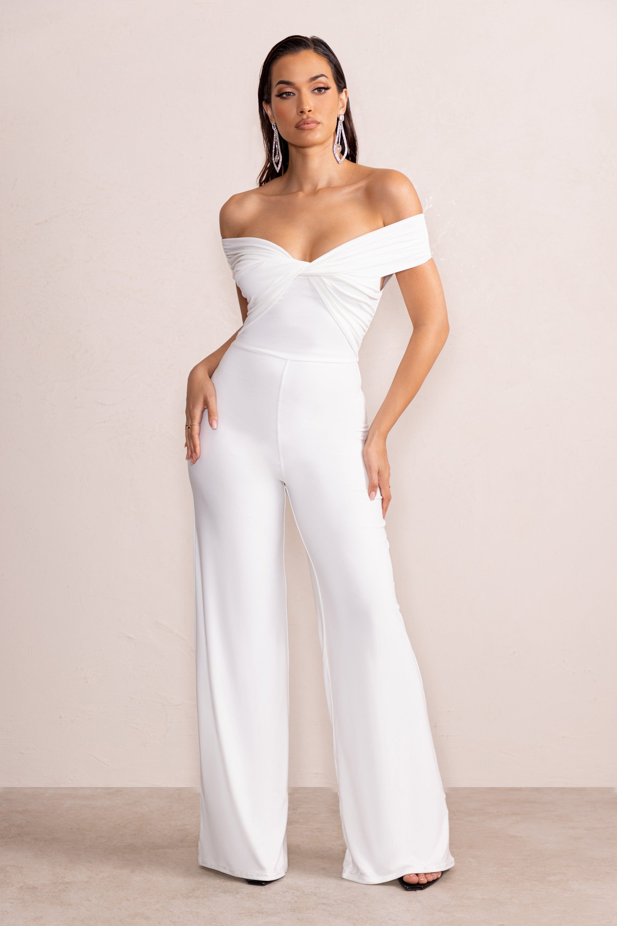 Say Less | White Bardot Front Wrap Wide Leg Jumpsuit sold by Club L London product image thumbnail 5
