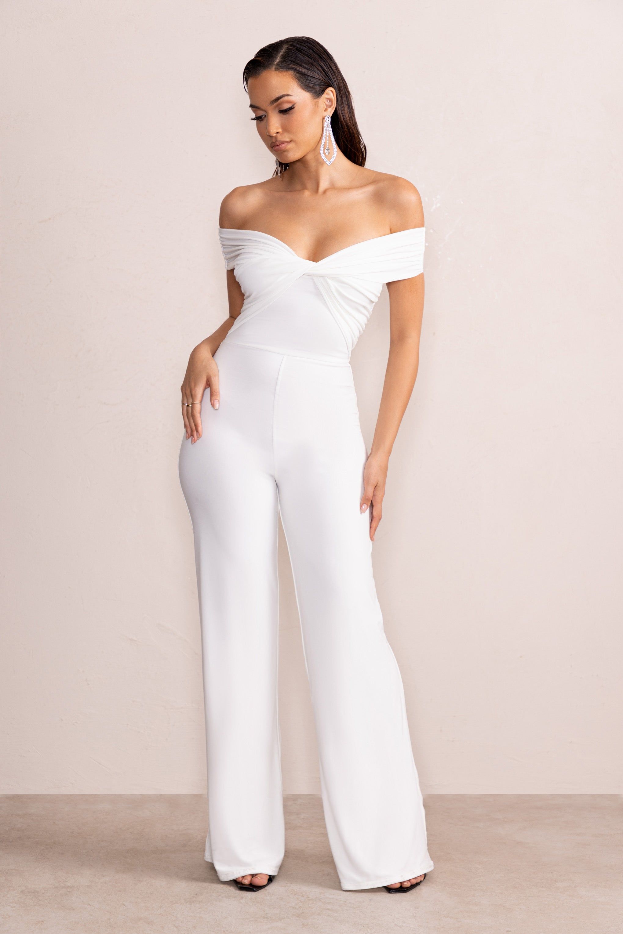 Say Less | White Bardot Front Wrap Wide Leg Jumpsuit sold by Club L London product image thumbnail 4