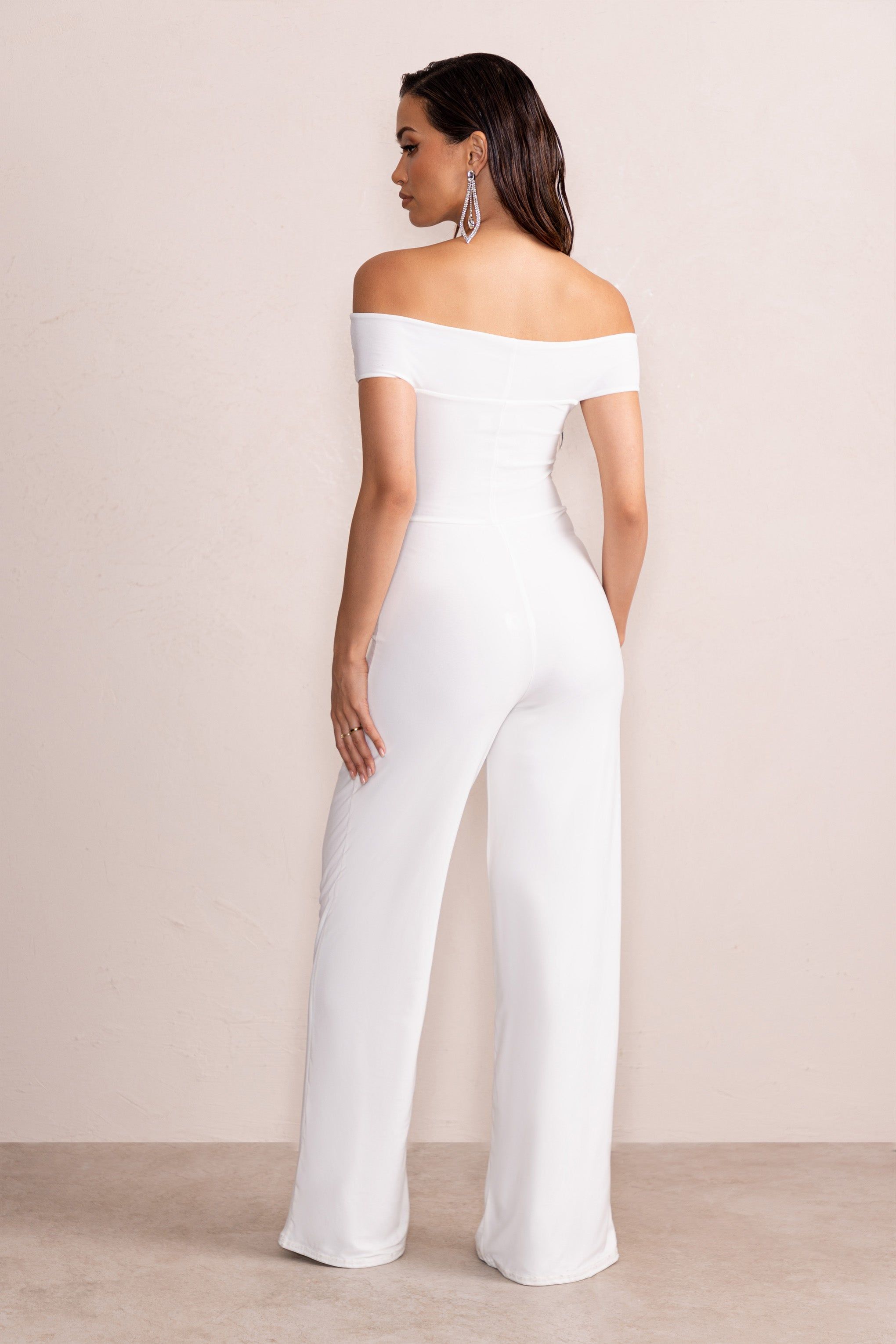 Say Less | White Bardot Front Wrap Wide Leg Jumpsuit sold by Club L London product image thumbnail 2