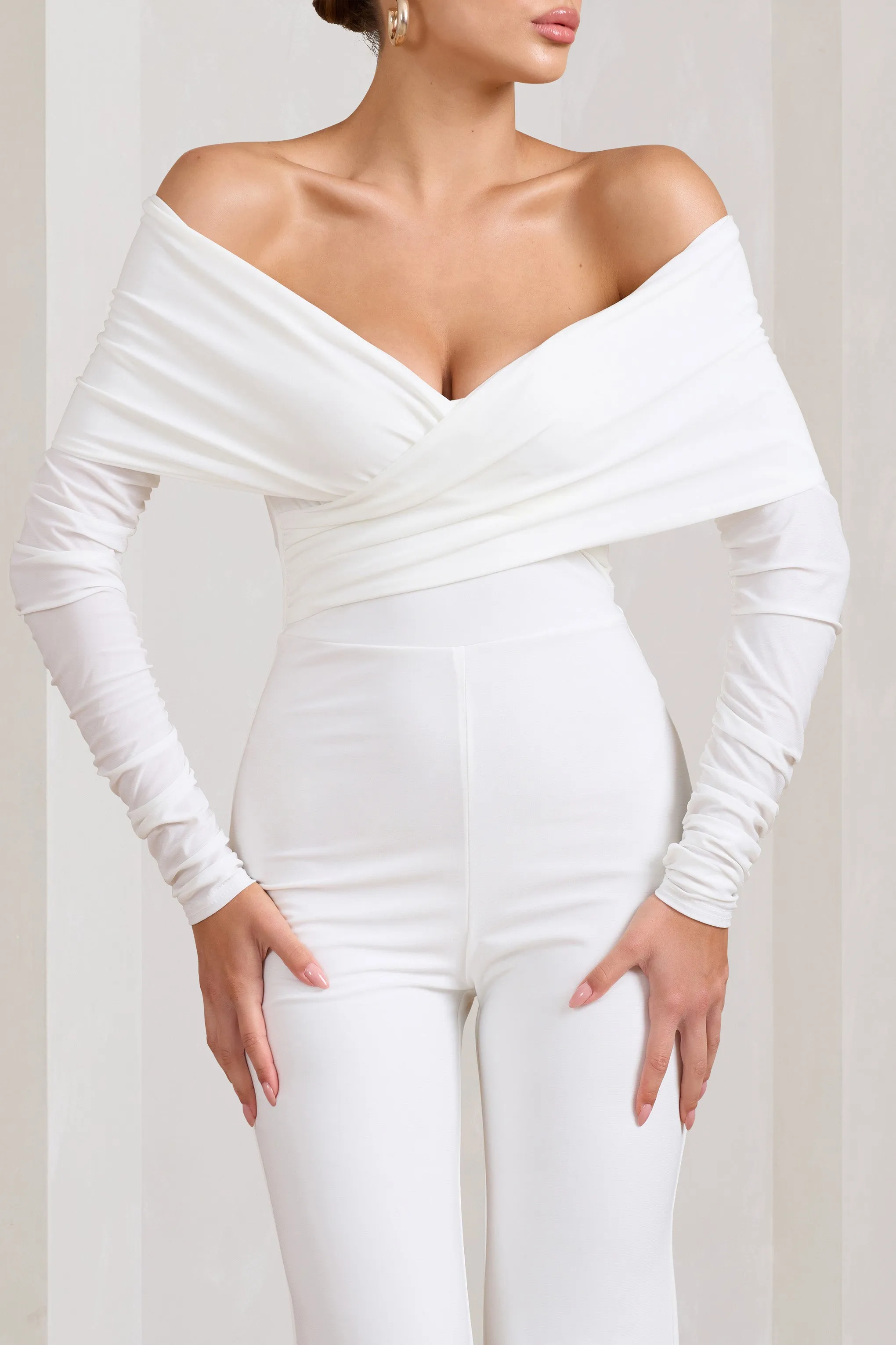Hand On Heart | White Twist Front Bardot Long Sleeve Jumpsuit sold by Club L London product image thumbnail 3