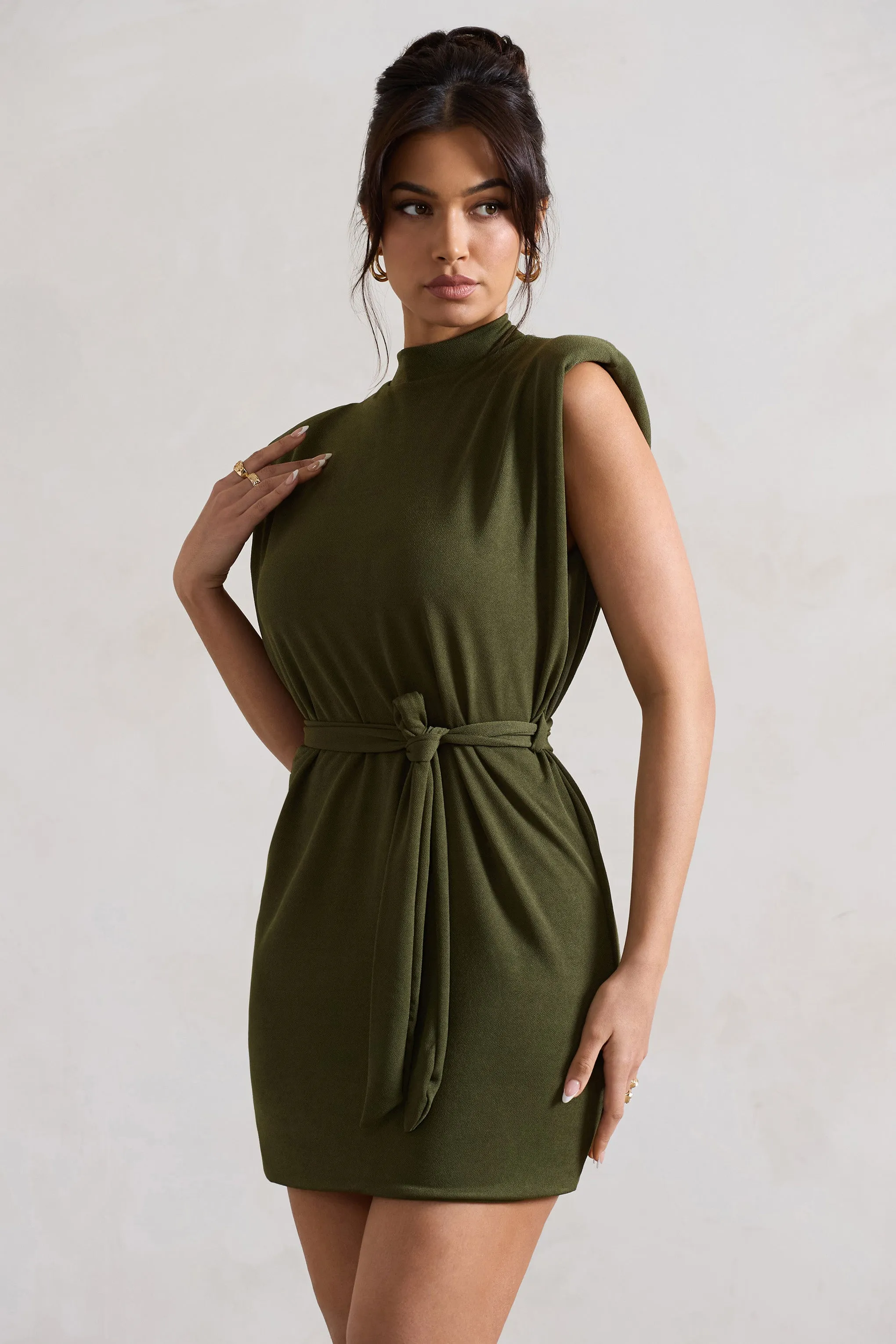Asher | Olive High-Neck Mini Dress With Tie Waist sold by Club L London product image thumbnail 3