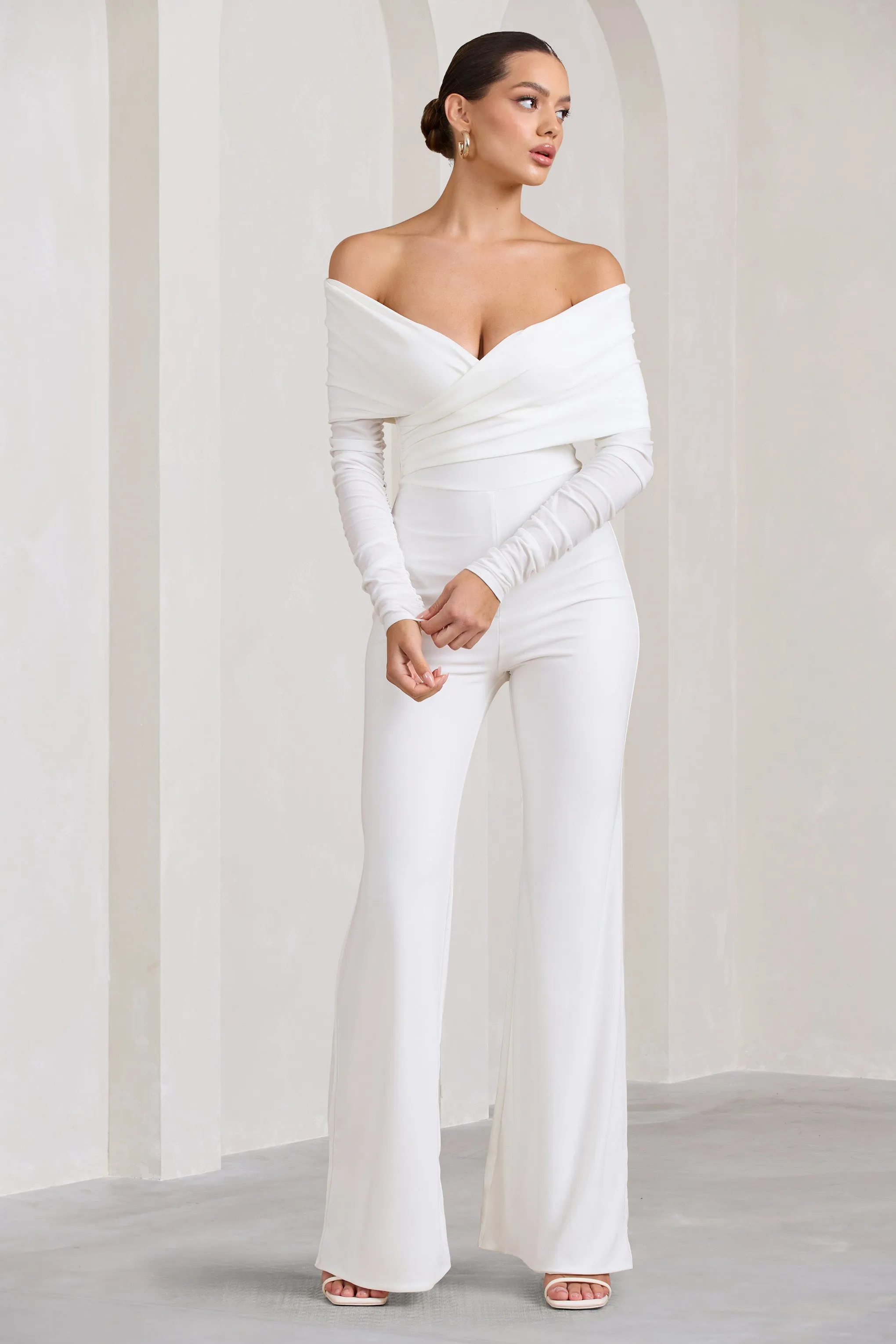 Hand On Heart | White Twist Front Bardot Long Sleeve Jumpsuit sold by Club L London product image thumbnail 4